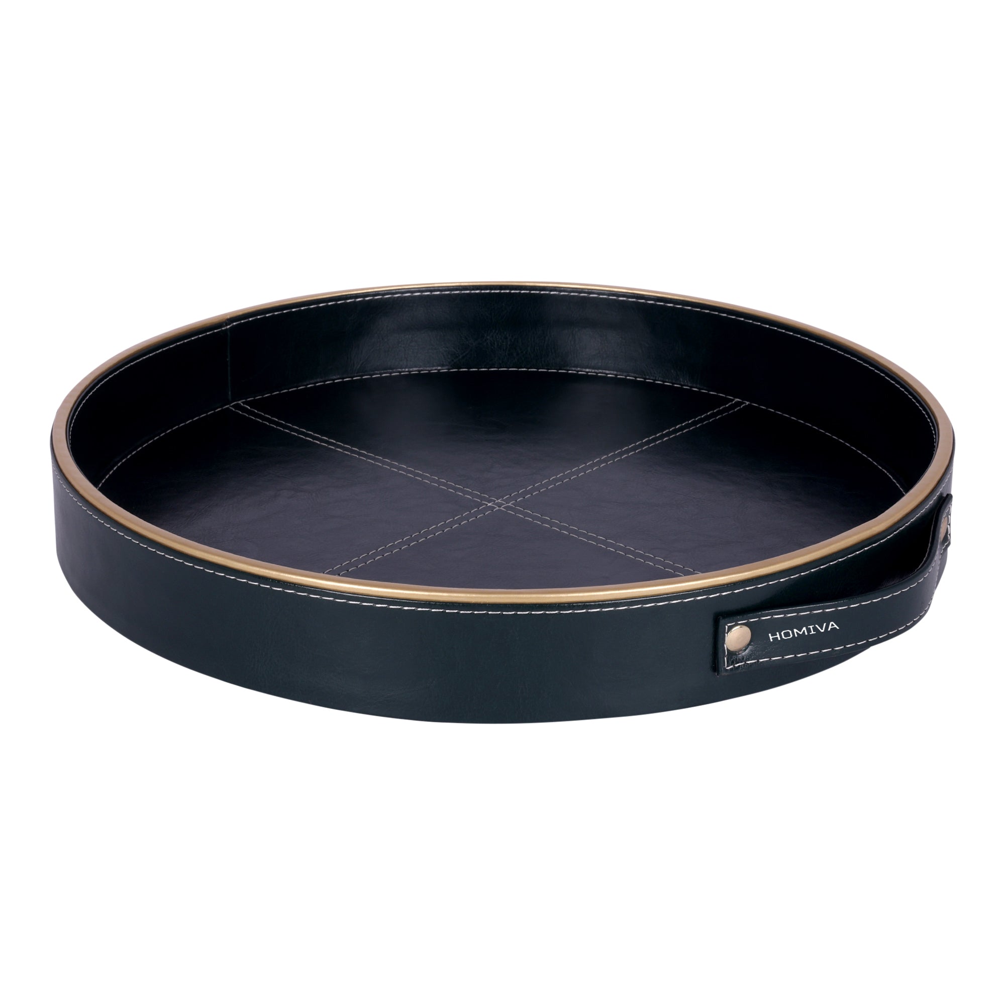 HOMIVA Round Large Faux Leatherette Serving Tray with Gold Trim Handles – Dark Green