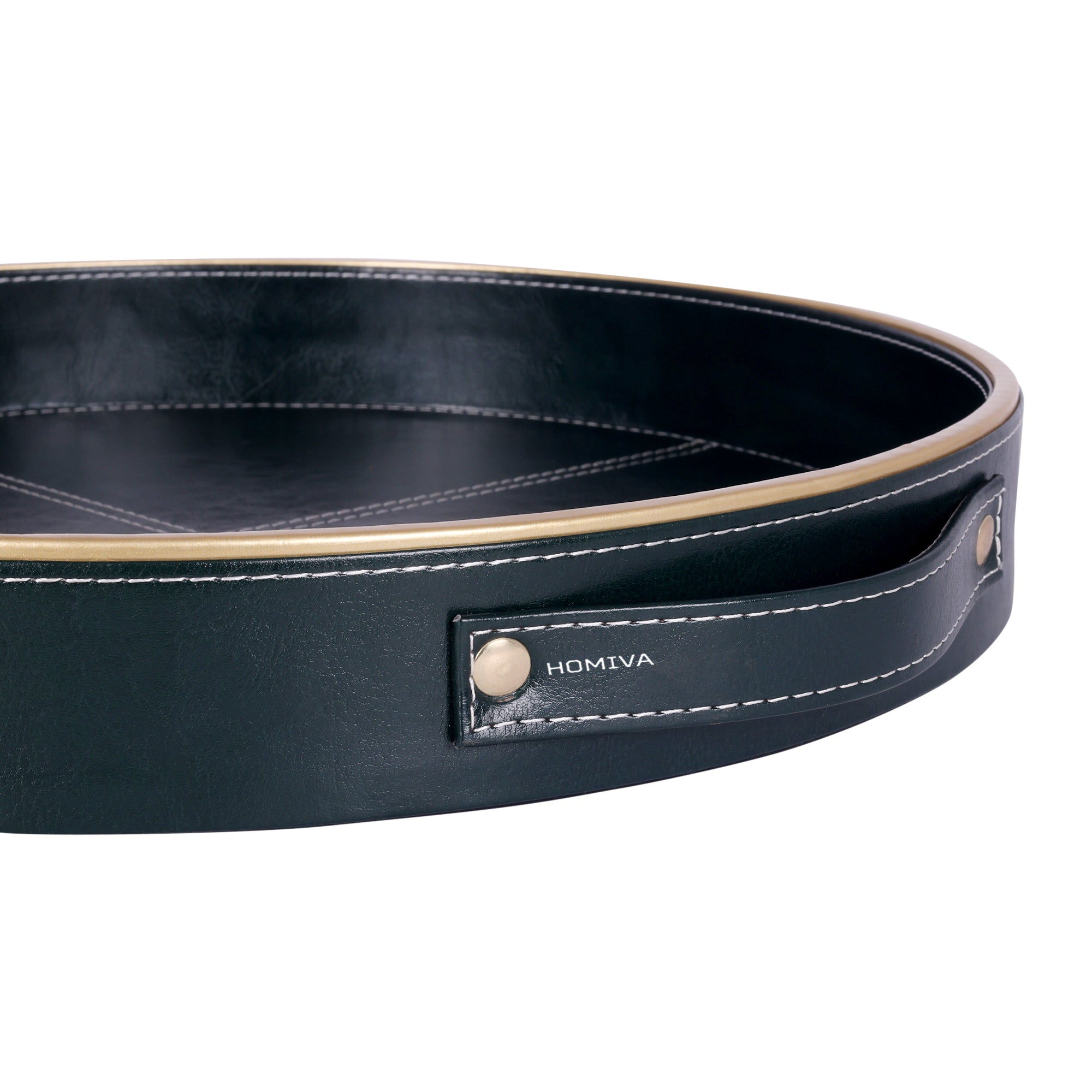 HOMIVA Round Faux Leatherette Serving Tray with Gold Trim Handles – Dark Green (Small)