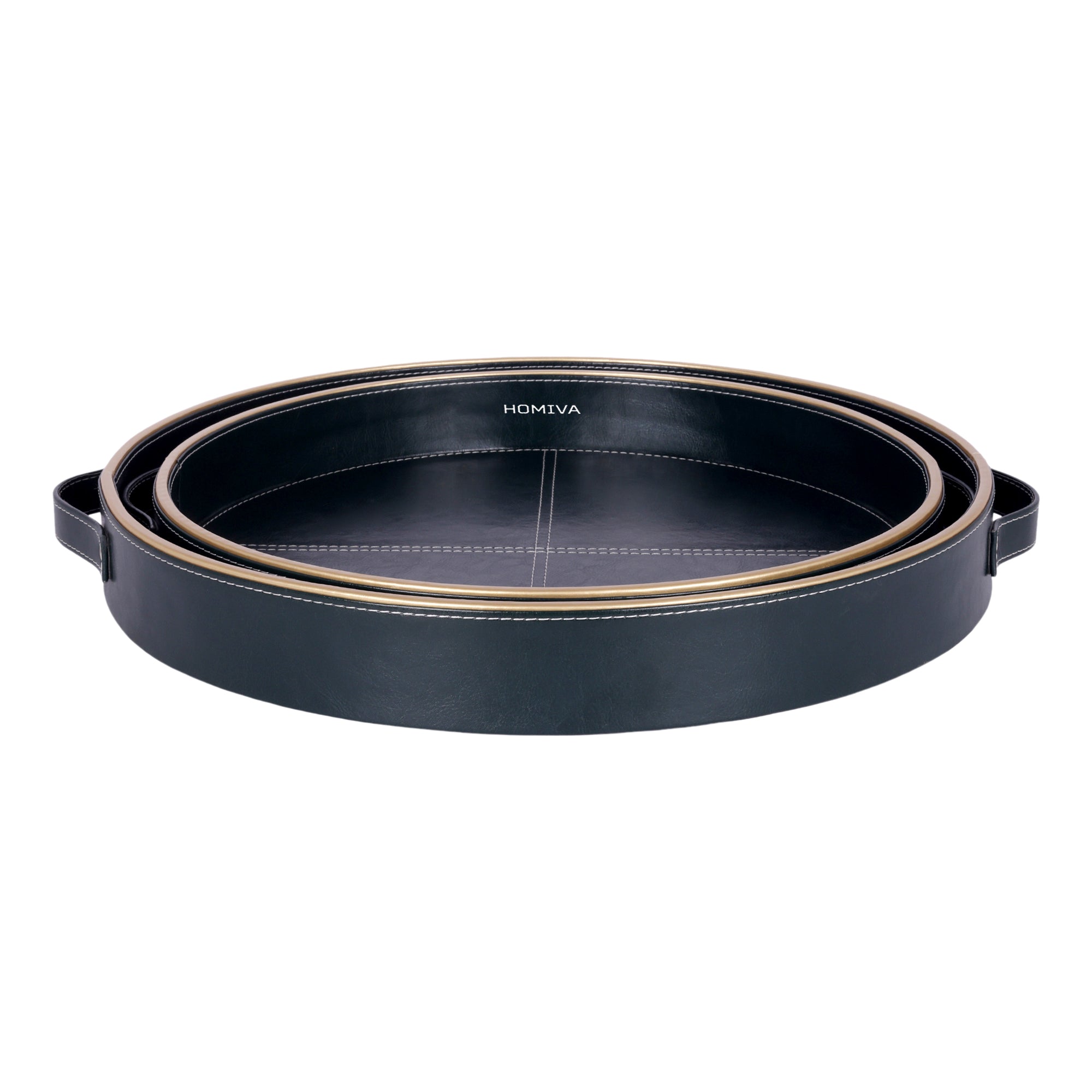 HOMIVA Round Set of 2 Faux Leatherette Serving Tray with Gold Trim Handles – Dark Green