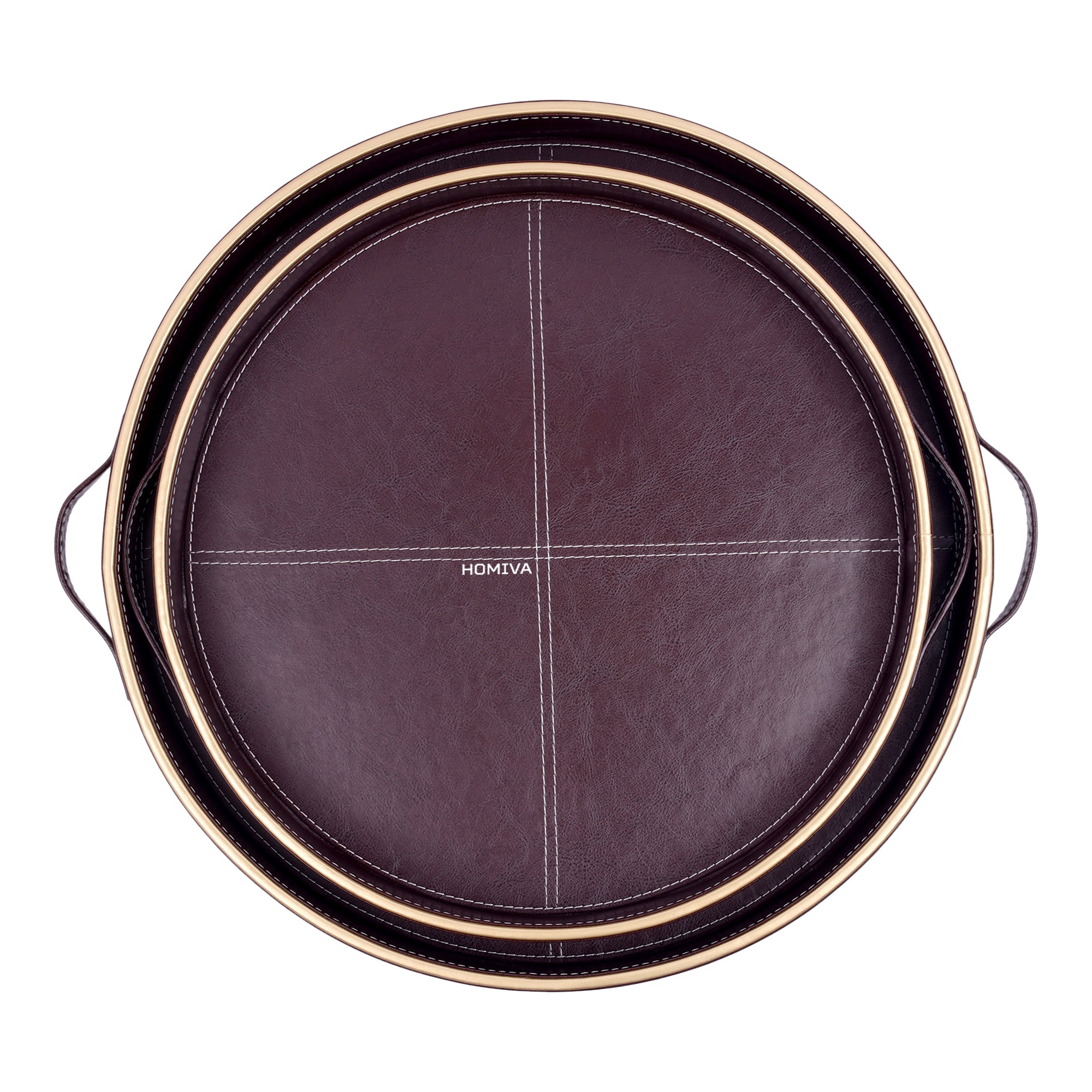 HOMIVA Set of 2 Round Leatherette Serving Trays with Gold Rim – Dark Brown