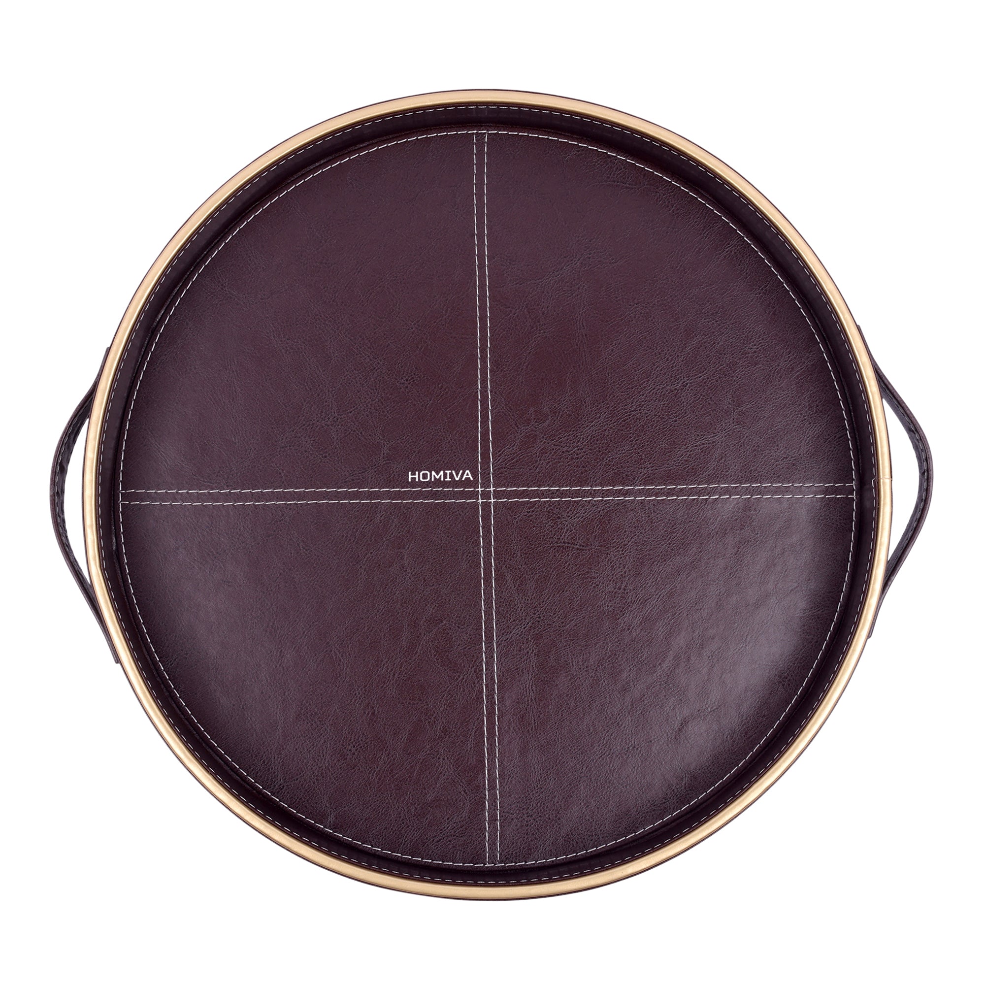 HOMIVA Round Leatherette Serving Tray with Handles & Gold Rim (Small) – Brown