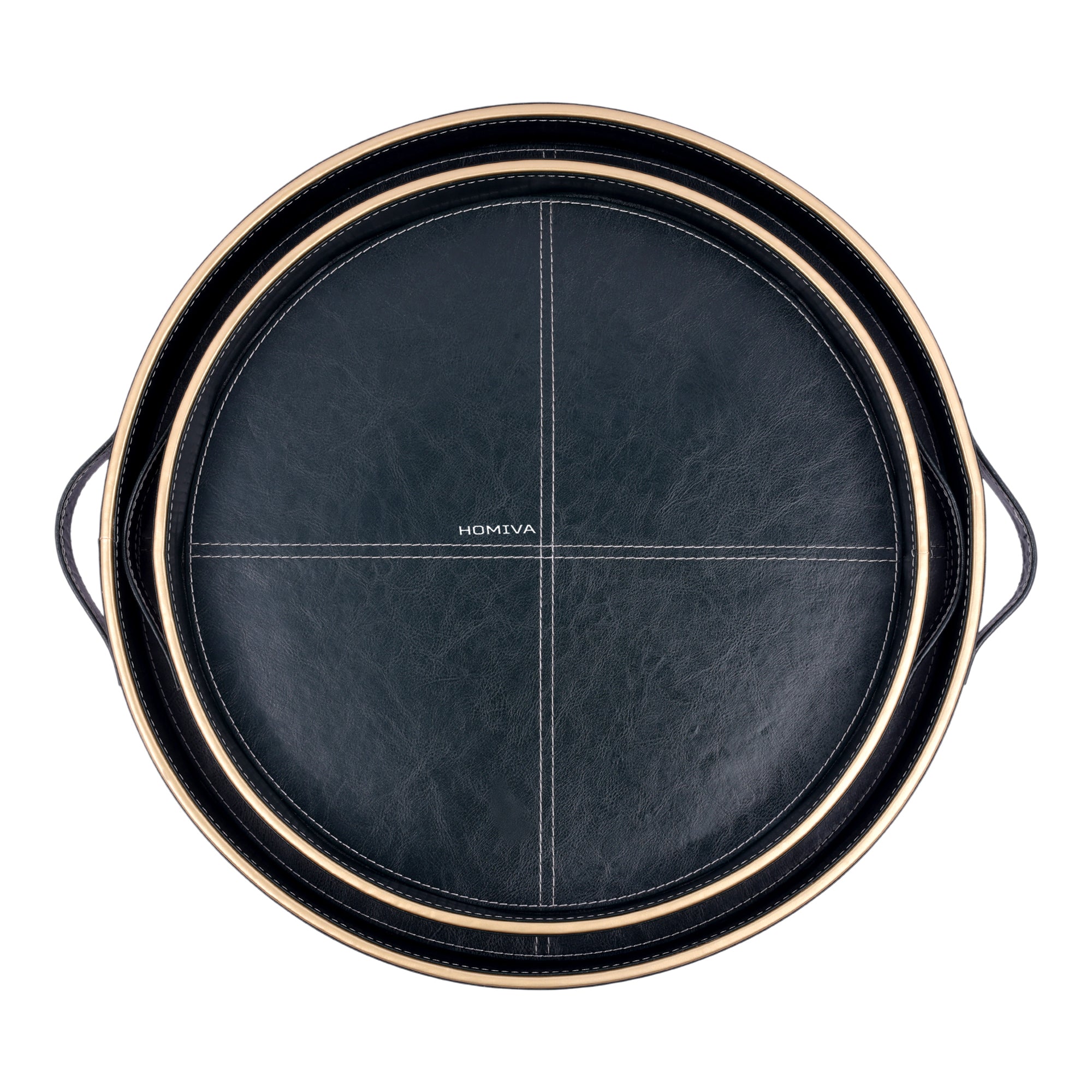 HOMIVA Round Set of 2 Faux Leatherette Serving Tray with Gold Trim Handles – Dark Green