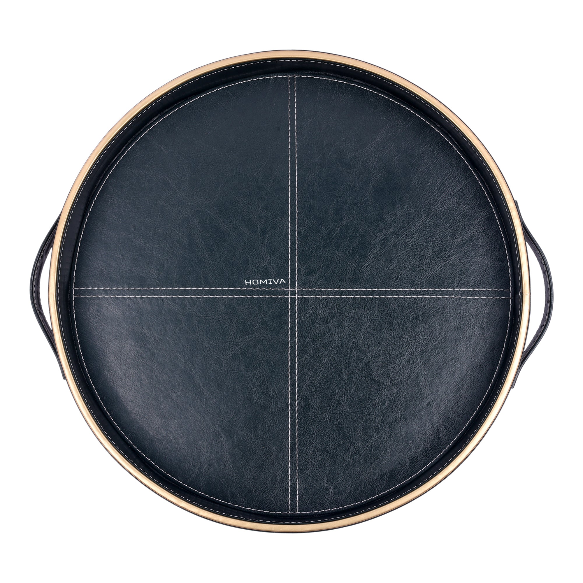 HOMIVA Round Faux Leatherette Serving Tray with Gold Trim Handles – Dark Green (Small)