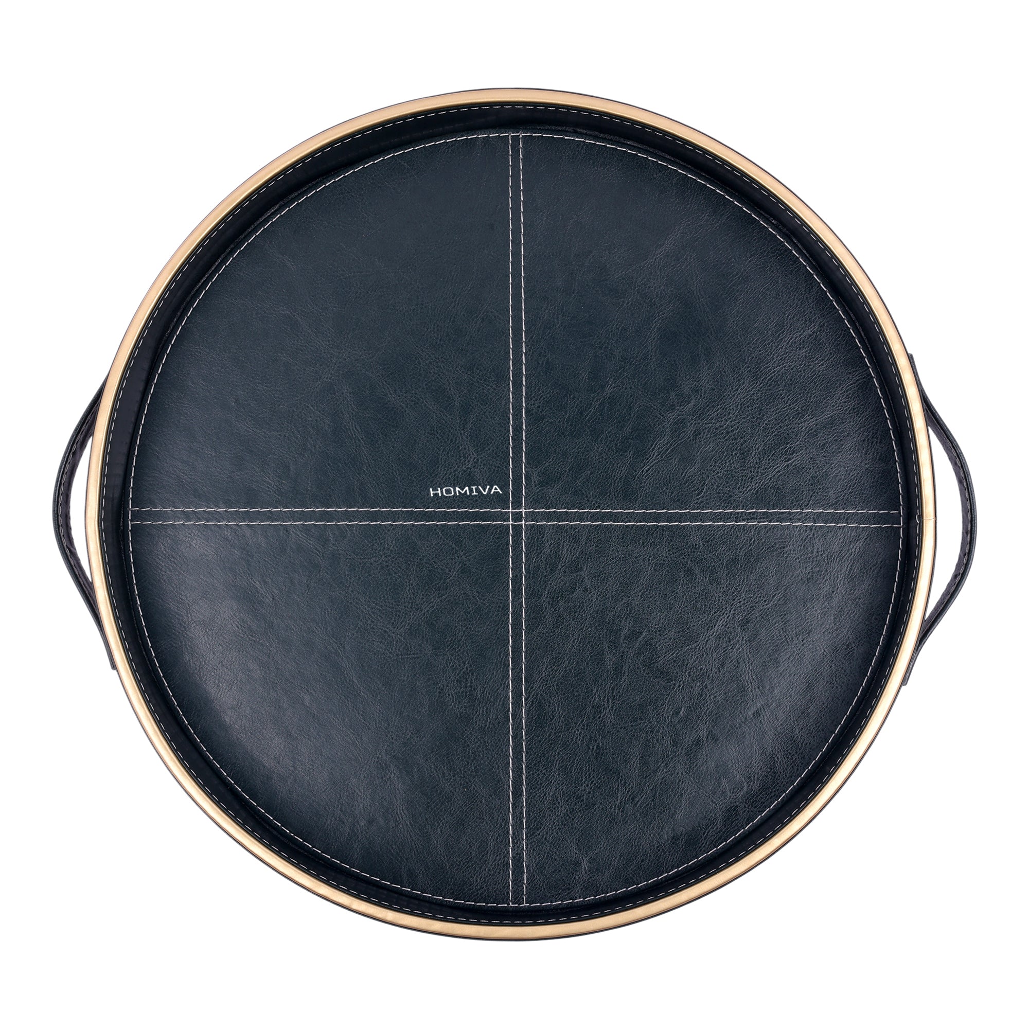 HOMIVA Round Large Faux Leatherette Serving Tray with Gold Trim Handles – Dark Green