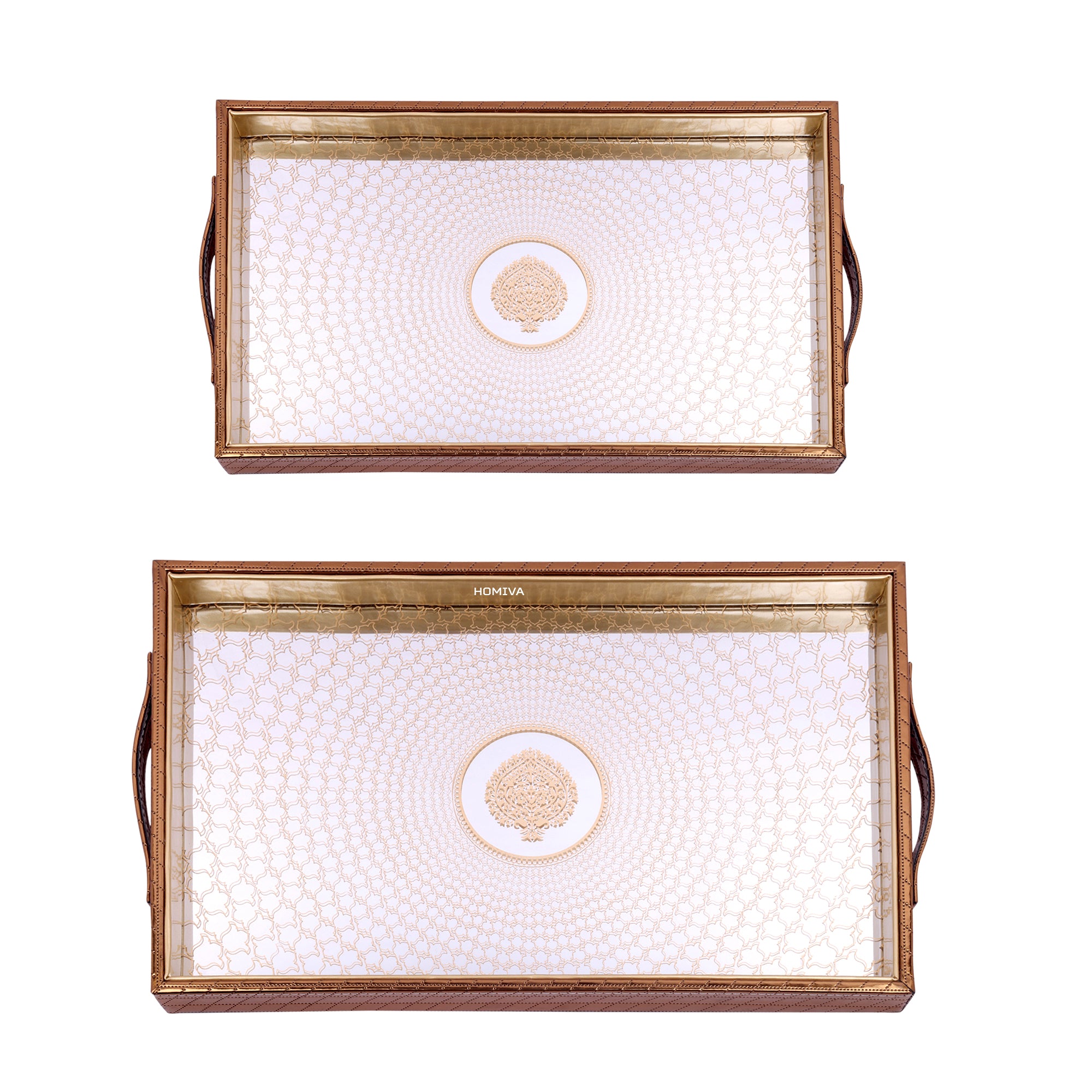 HOMIVA Set of 2 Rectangular Faux Leatherette Trays with Side Handles – Chocolate Brown