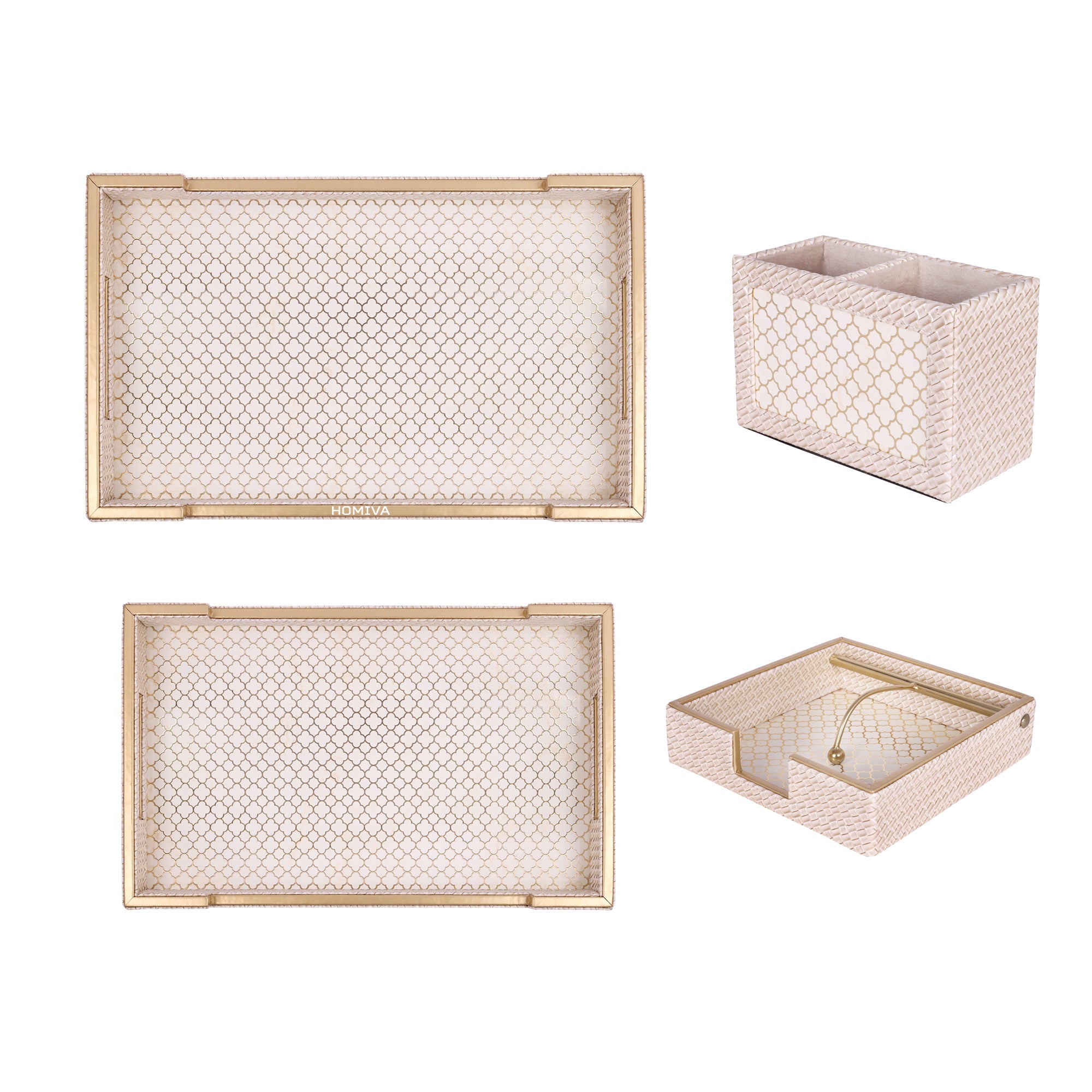HOMIVA Luxury Leatherette Set – 2 Serving Trays, Spoon Holders & Multipurpose Paper Tray - Beige & Gold