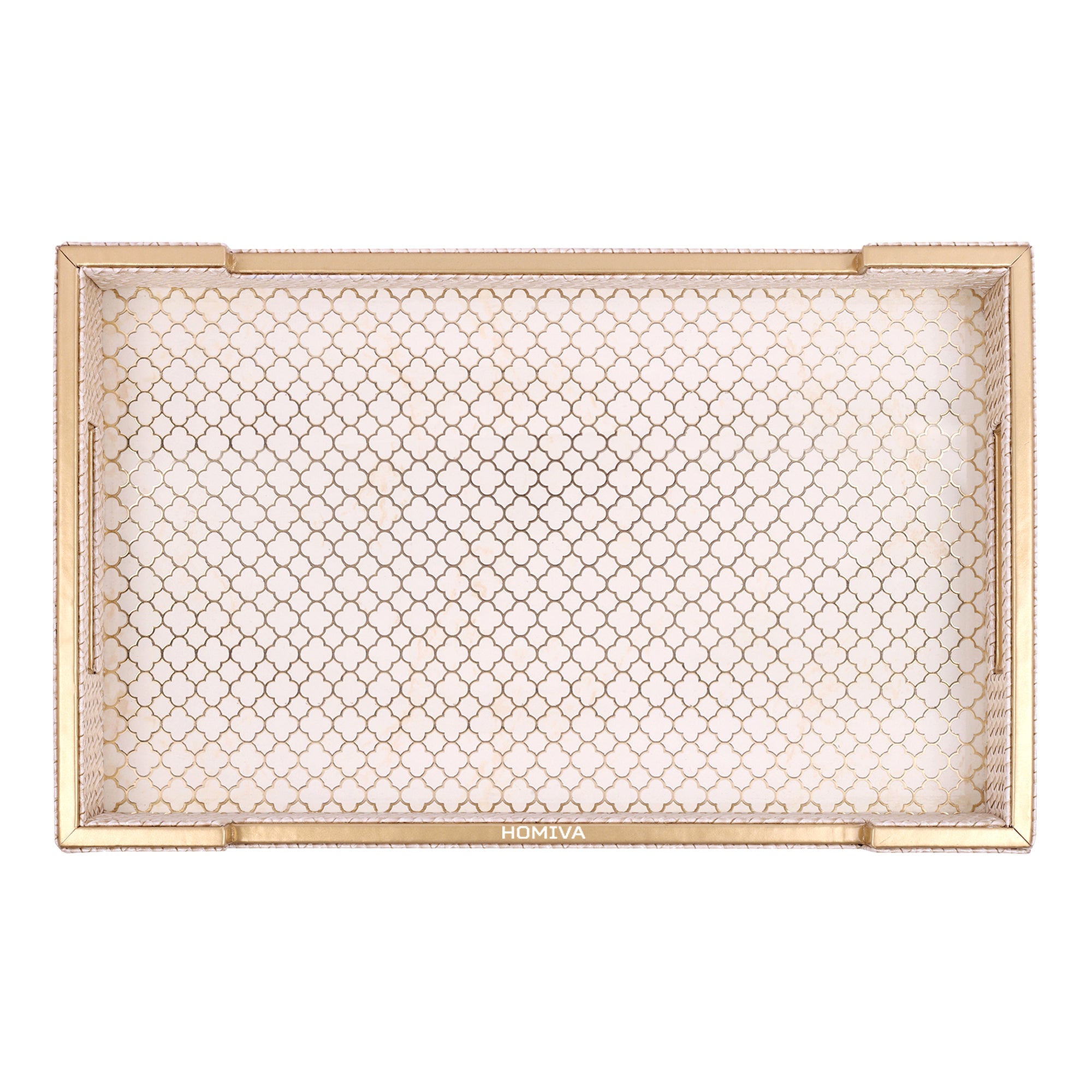 HOMIVA Luxury Leatherette Serving Tray with Gold Accents (Large) – Blush Beige