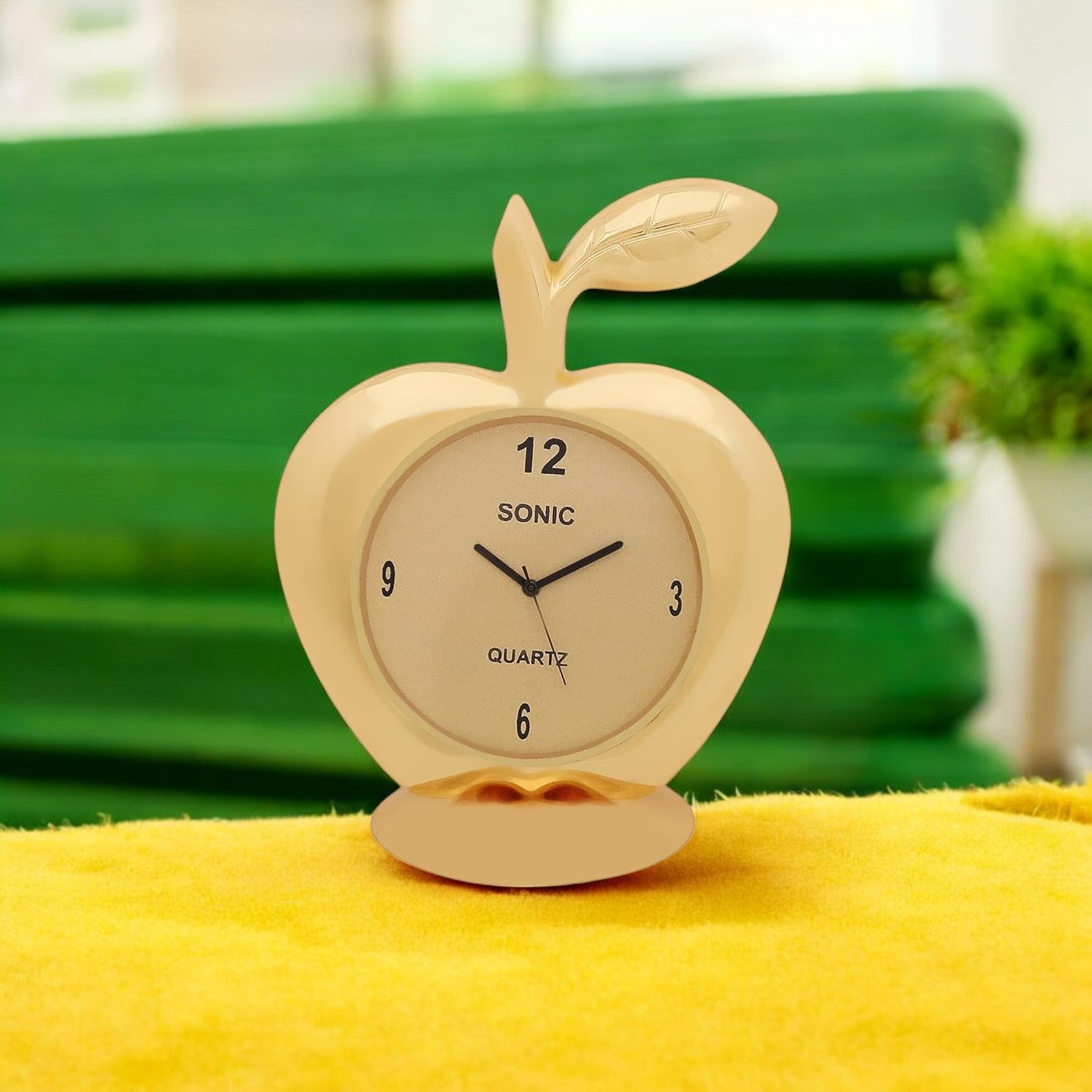 VOILA Gold Plated Apple Shaped Analog Clock for Table and Vehicle (Auto, Car, Bus, Truck) Dashboard