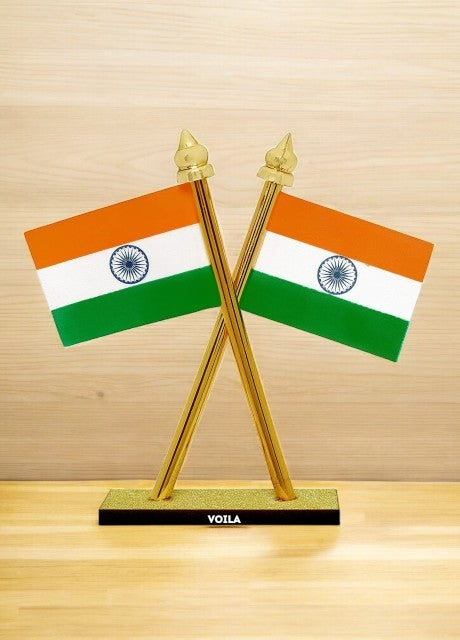 VOILA Indian Flag for Car Dashboard, Home & Office Table Flag Cross Design with Stand