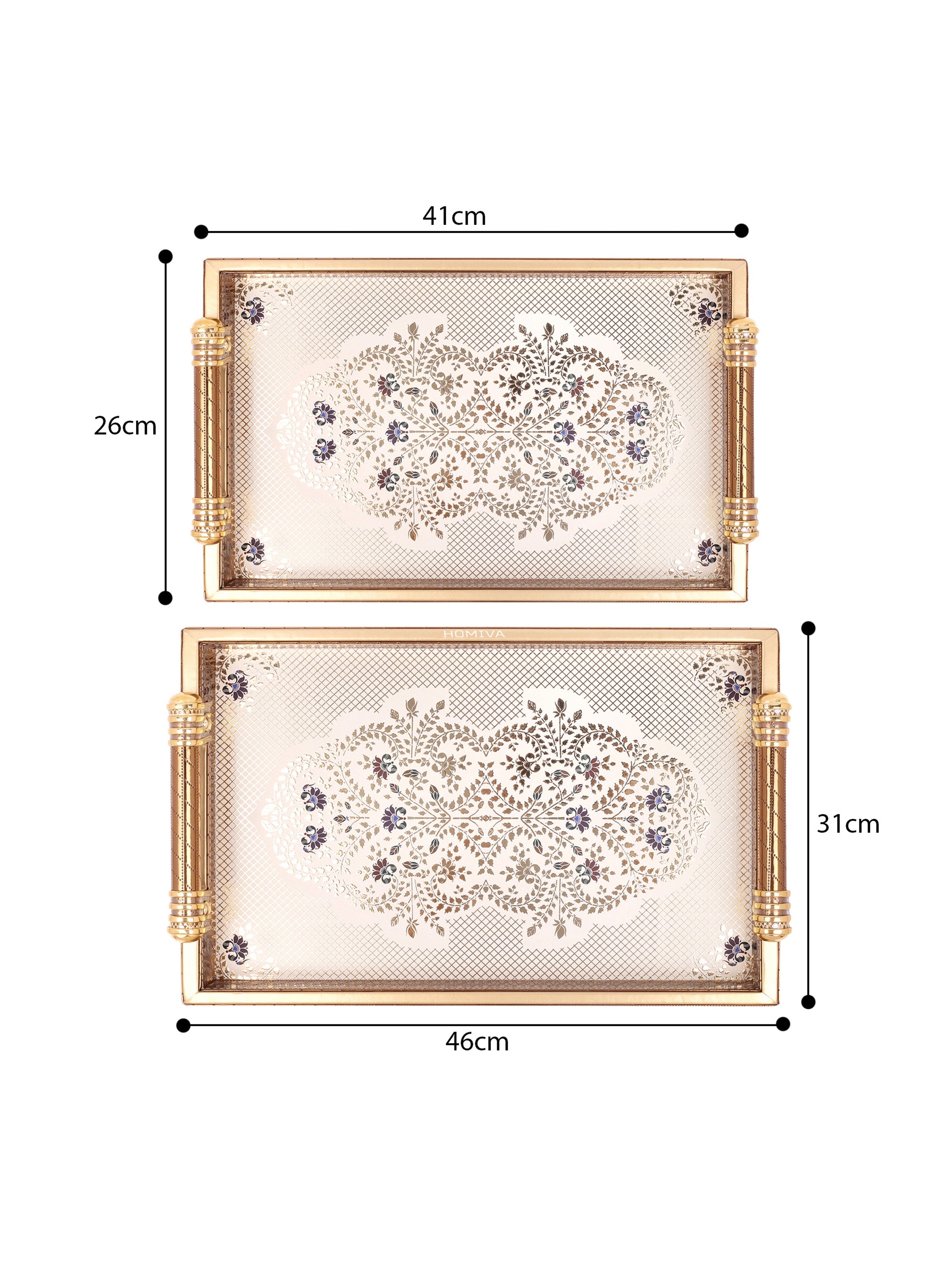 HOMIVA Luxury Faux Leather Serving Tray with Handles,Elegant Design with Gold Accents- Set of 2