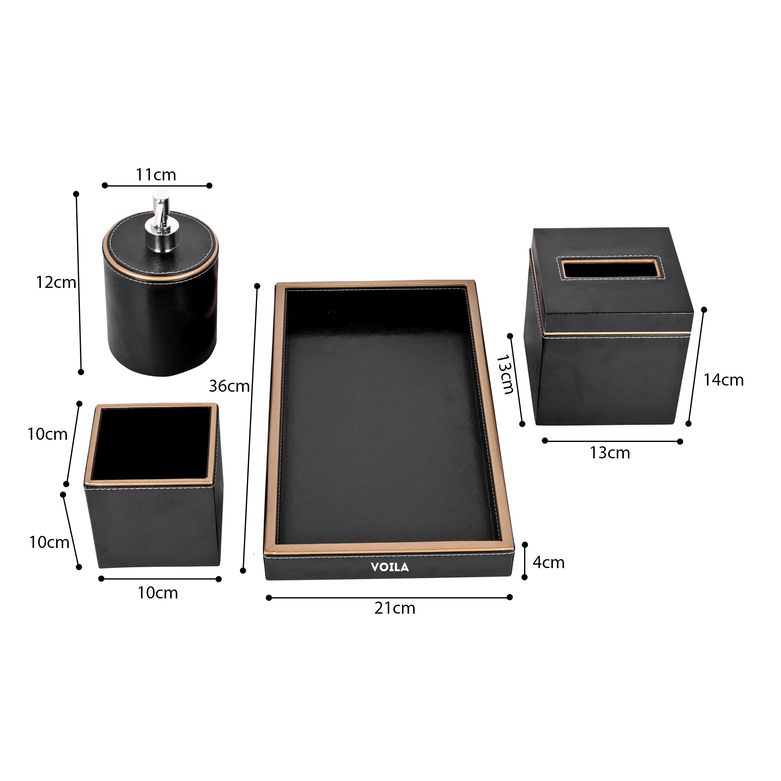 HOMIVA 4-Piece Black Leatherette Bathroom Organizer Set – Includes Tray, Tissue Box, Toothbrush Holder & Dispenser Jar