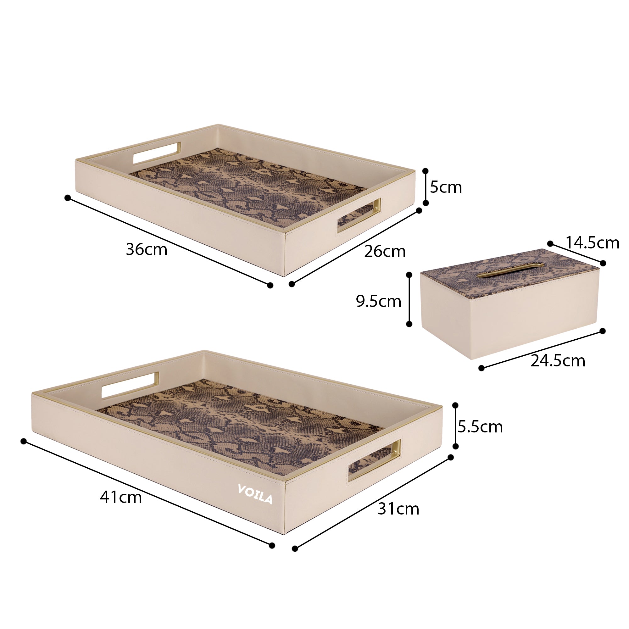 HOMIVA Premium Pink Faux Leatherette 2 Tray & Tissue Box Set with Snake Print – Set of 3