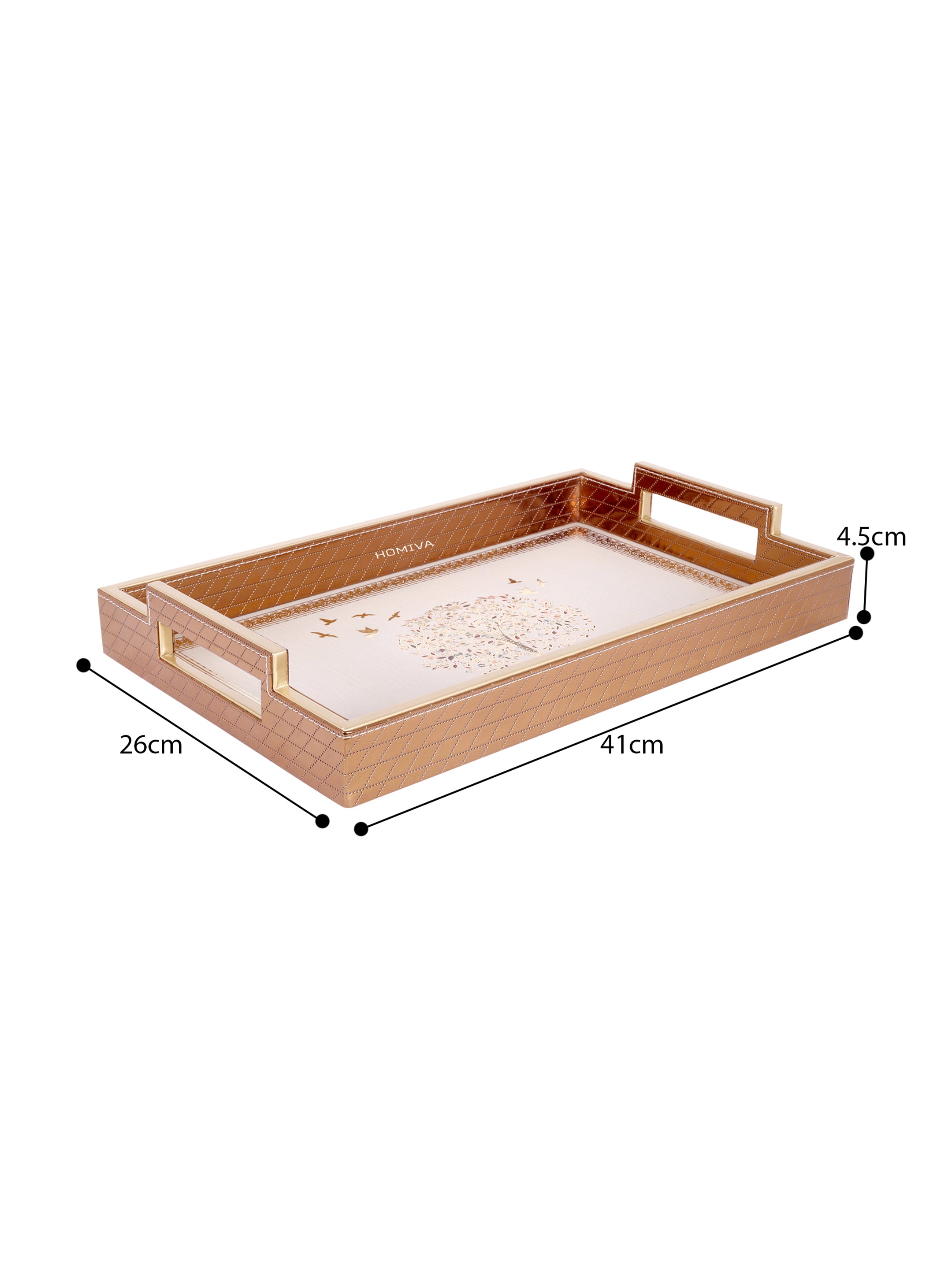 HOMIVA Elegant Faux Leatherette Tray  Decorative Serving Trays with Gold Handles (Small) - Brown