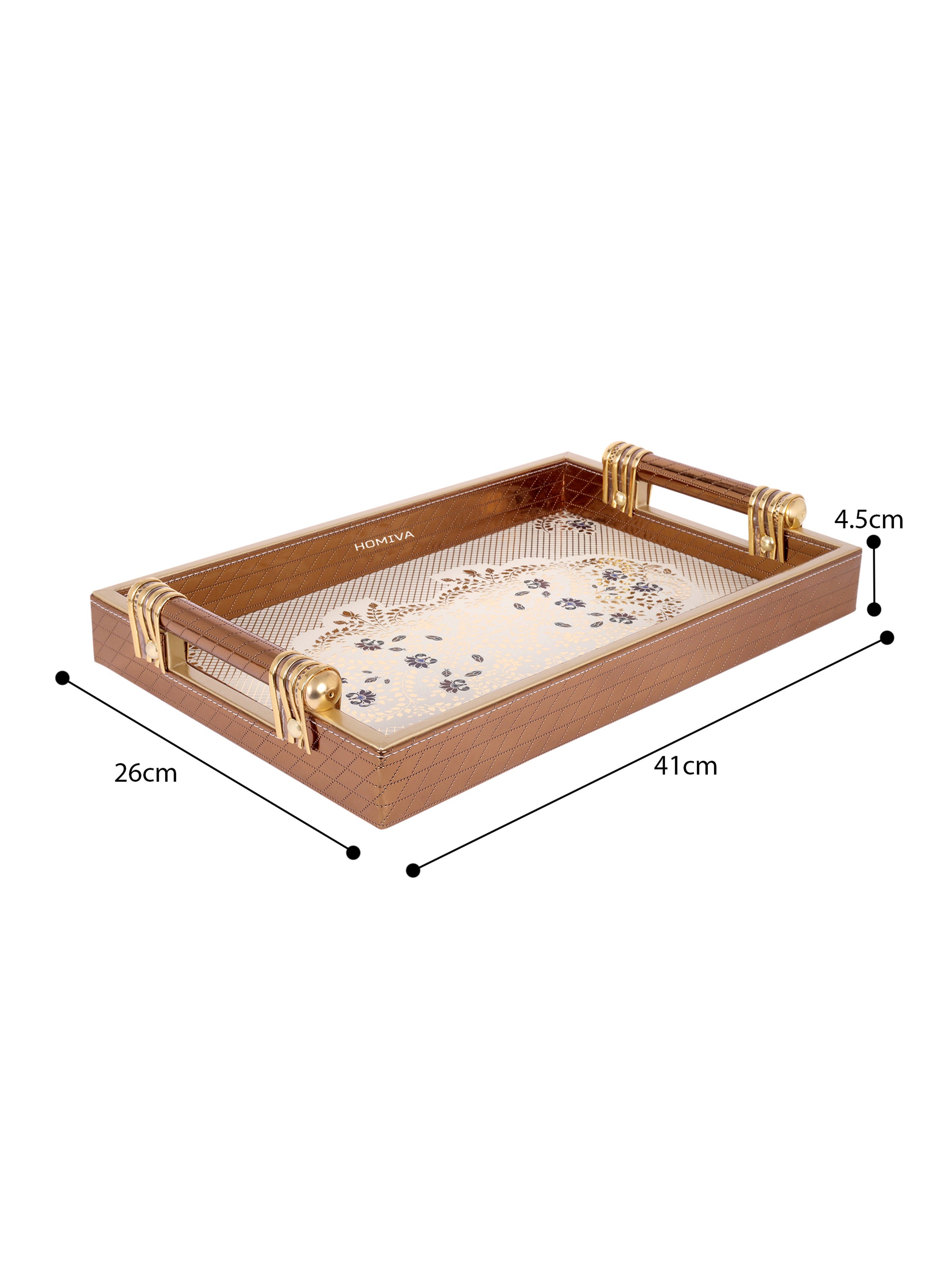 HOMIVA Luxury Faux Leatherette Serving Tray with Handles, Elegant Design with Gold Accents (Small)