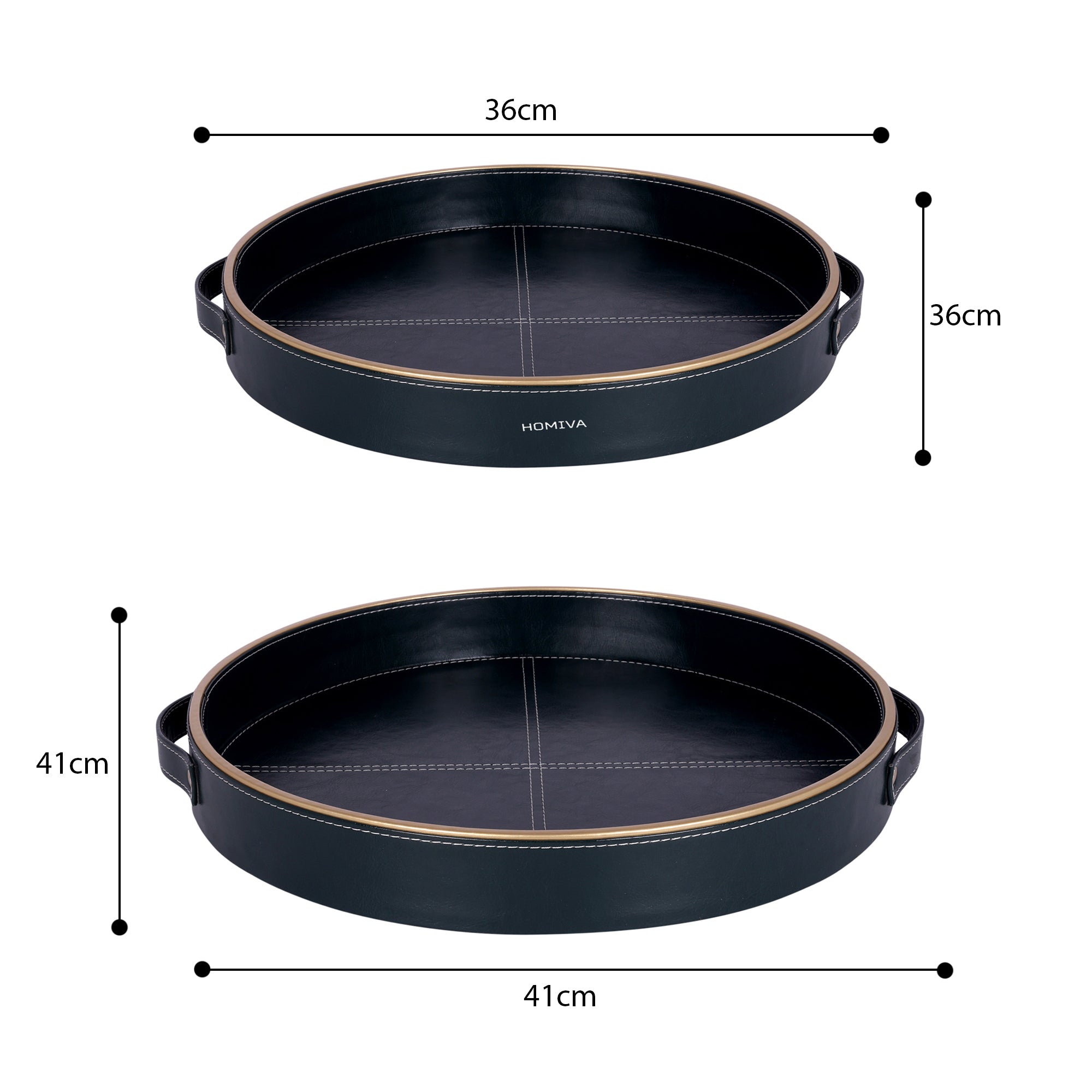 HOMIVA Round Set of 2 Faux Leatherette Serving Tray with Gold Trim Handles – Dark Green