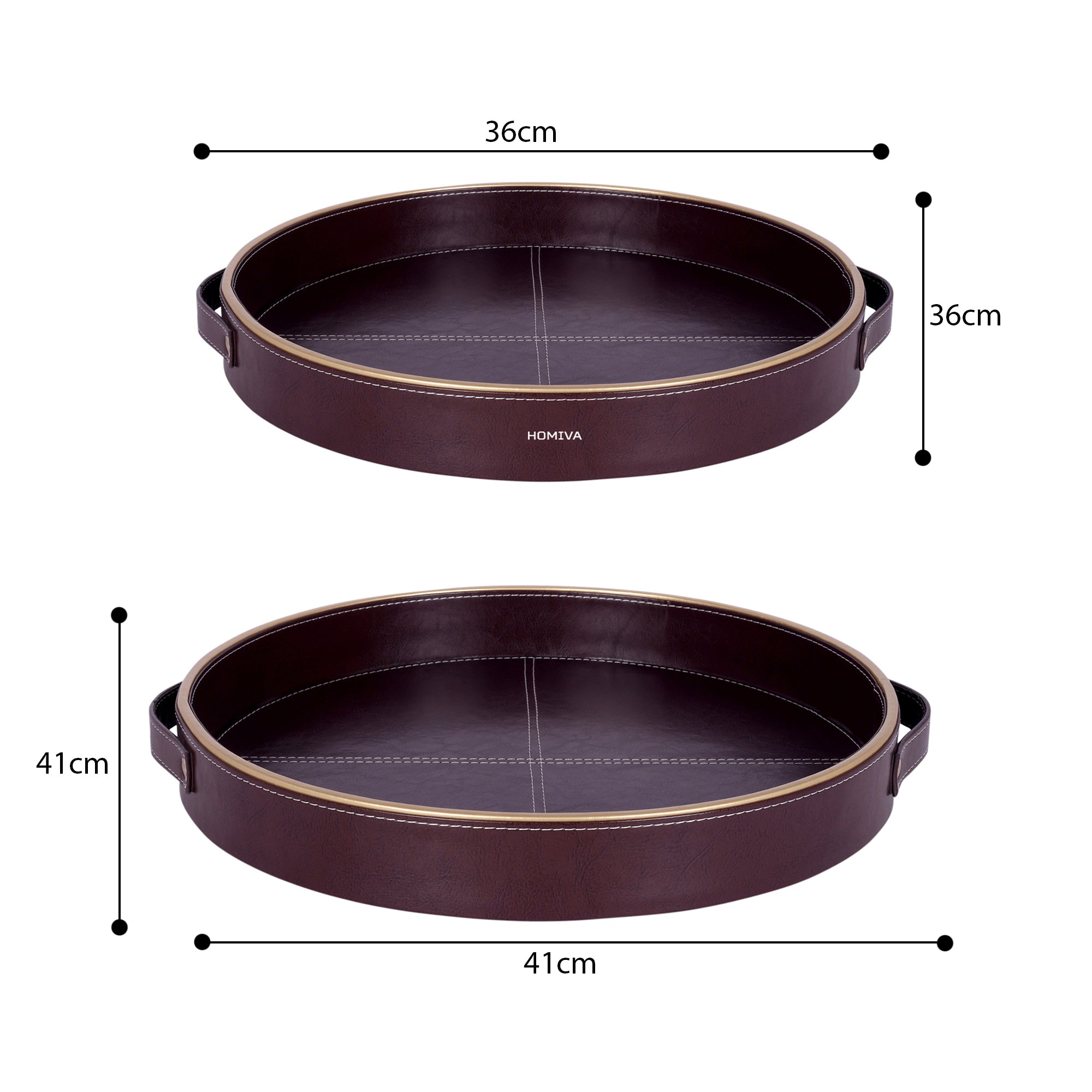 HOMIVA Set of 2 Round Leatherette Serving Trays with Gold Rim – Dark Brown