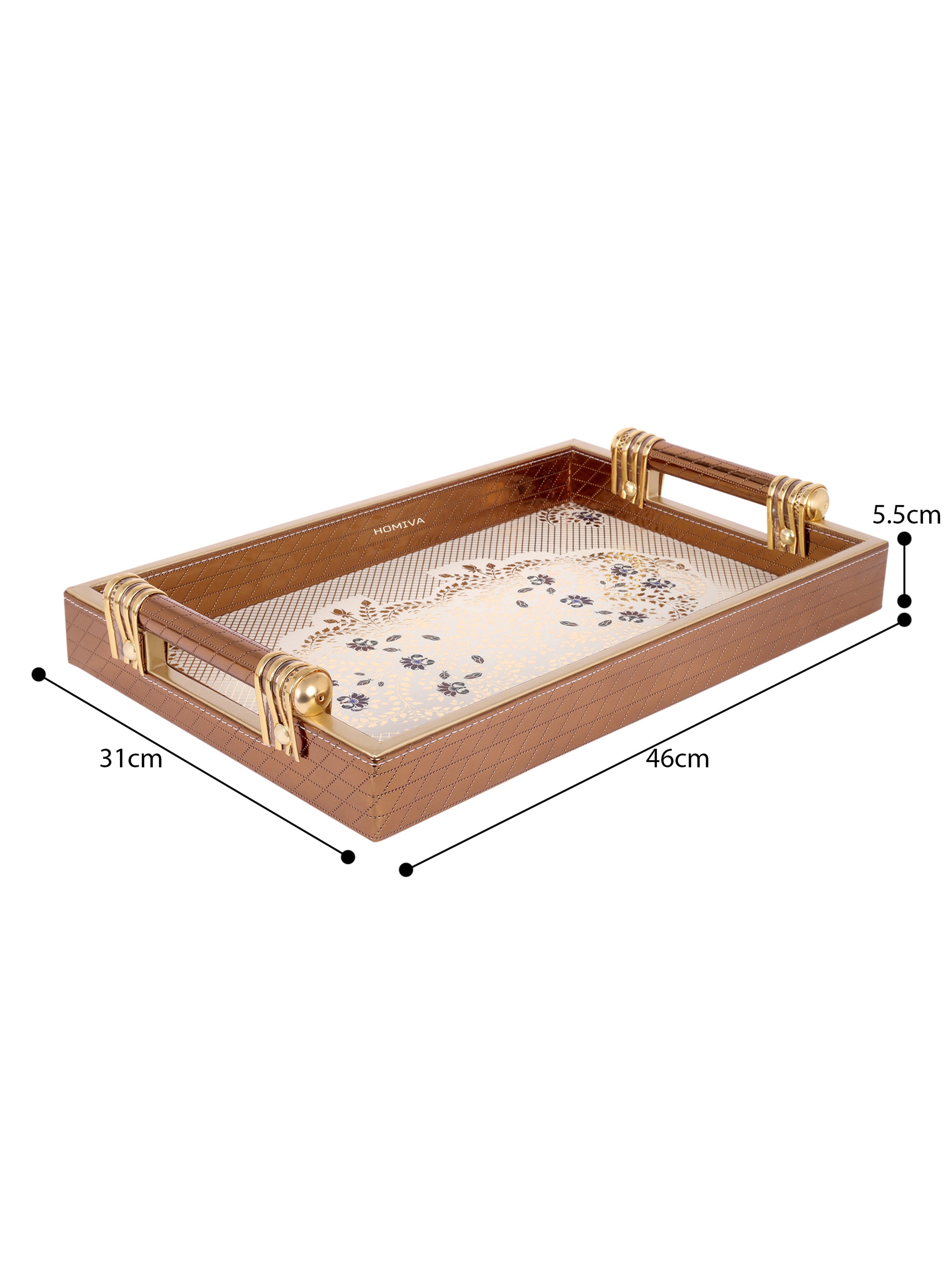 HOMIVA Luxury Faux Leatherette Serving Tray with Handles, Elegant Design with Gold Accents (Large)