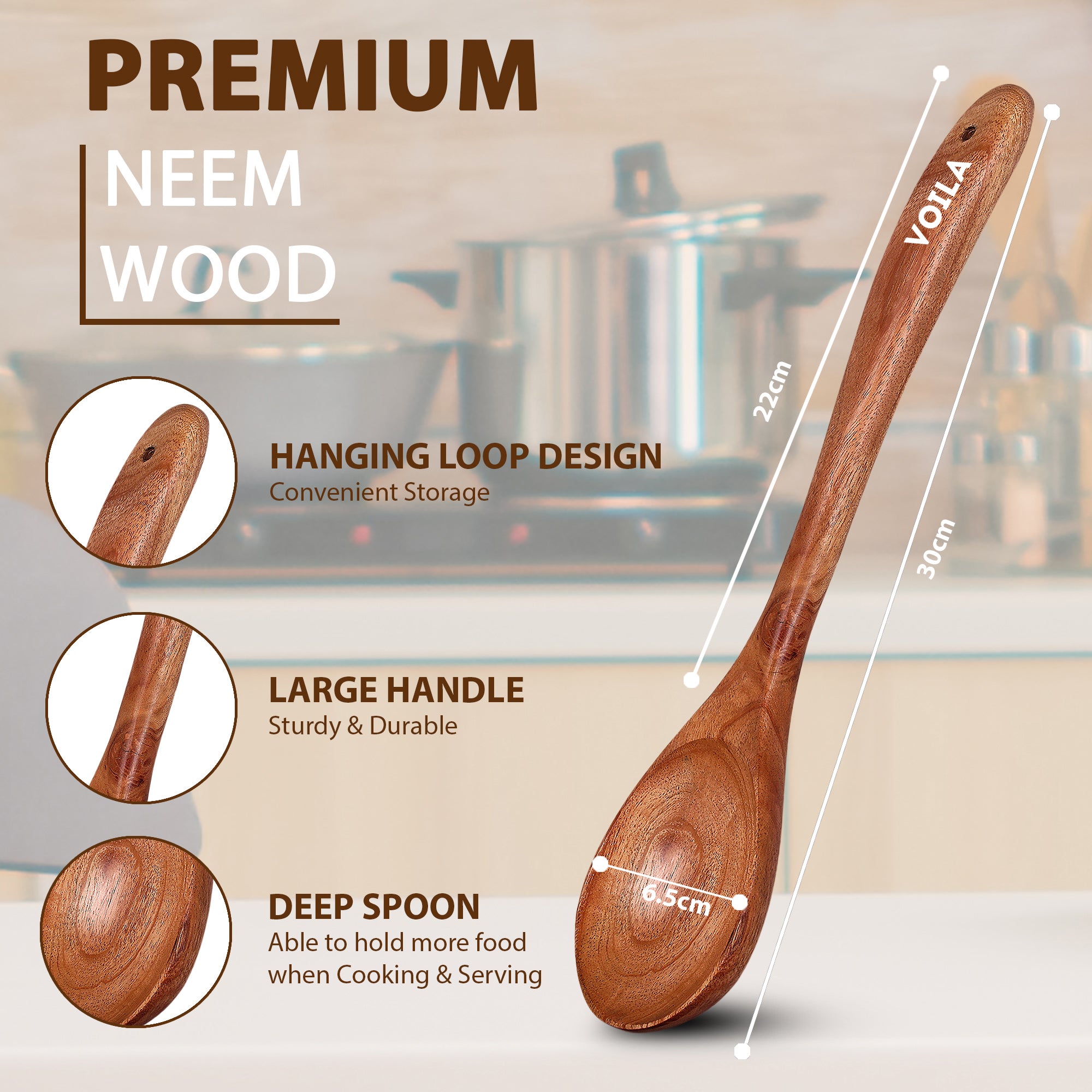 Premium Neem Wooden Cooking Spoon  Heat Resistant & Kitchen Utensil for Cooking, Baking & Stirring