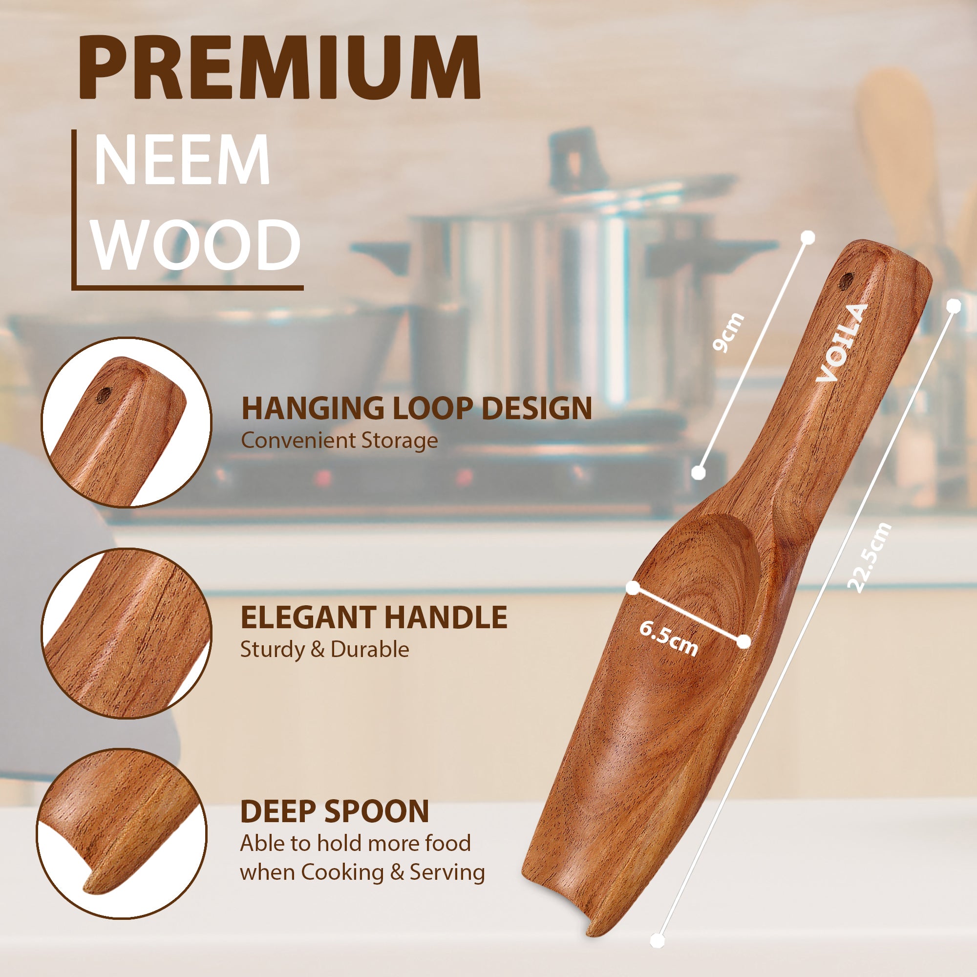 Neem Wood Grain Scoop Wooden Scoop for Rice, Pulses & Flour ,Perfect for Kitchen & Storage Bins