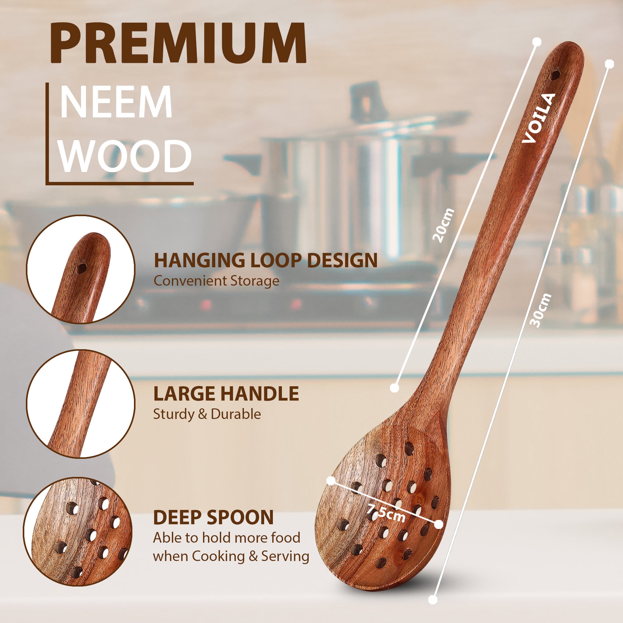 Neem Wooden Slotted Spoon for Cooking Kitchen Ladle ,Heat Resistant & Non-Stick , Non-Toxic, Healthy Cooking