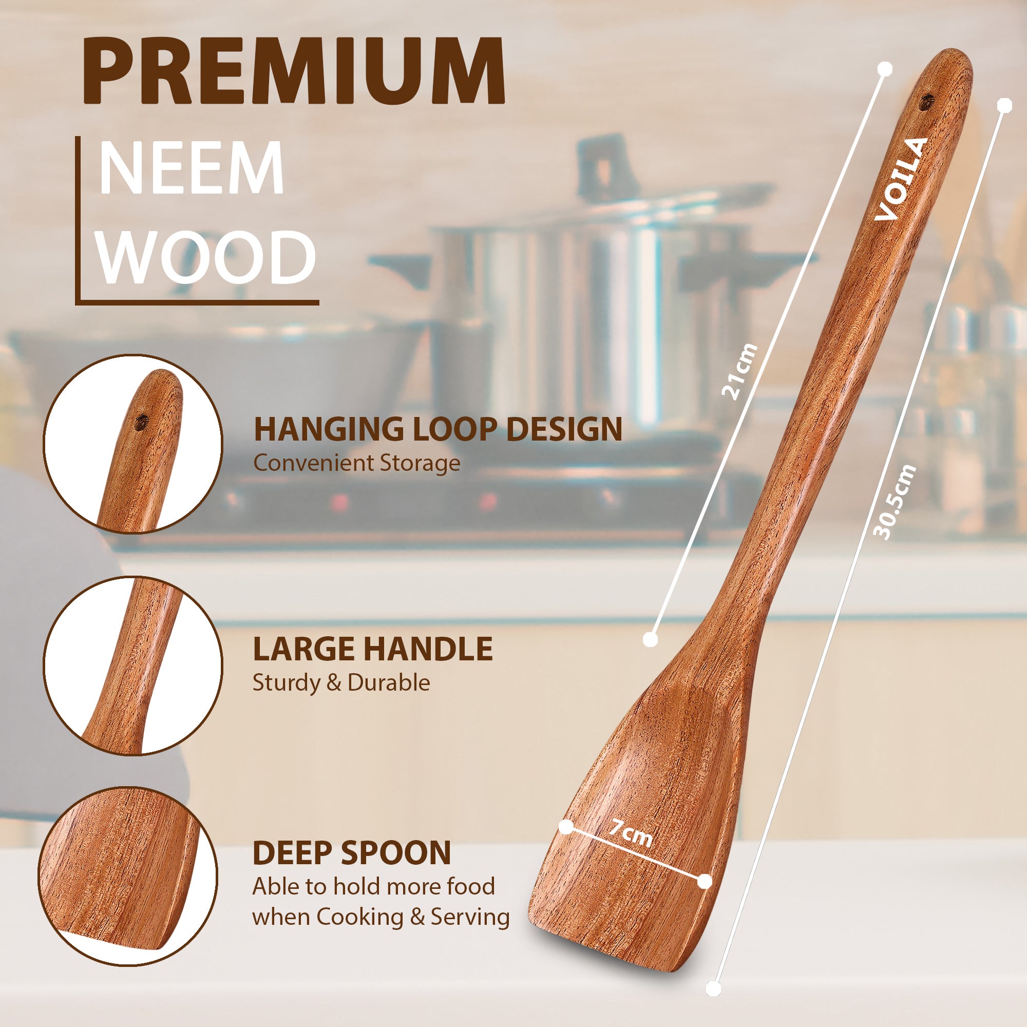 Premium Neem Wood Turner for cooking- Non-Stick Cookware, Utensil for Stir-Frying, Sautéing & Mixing