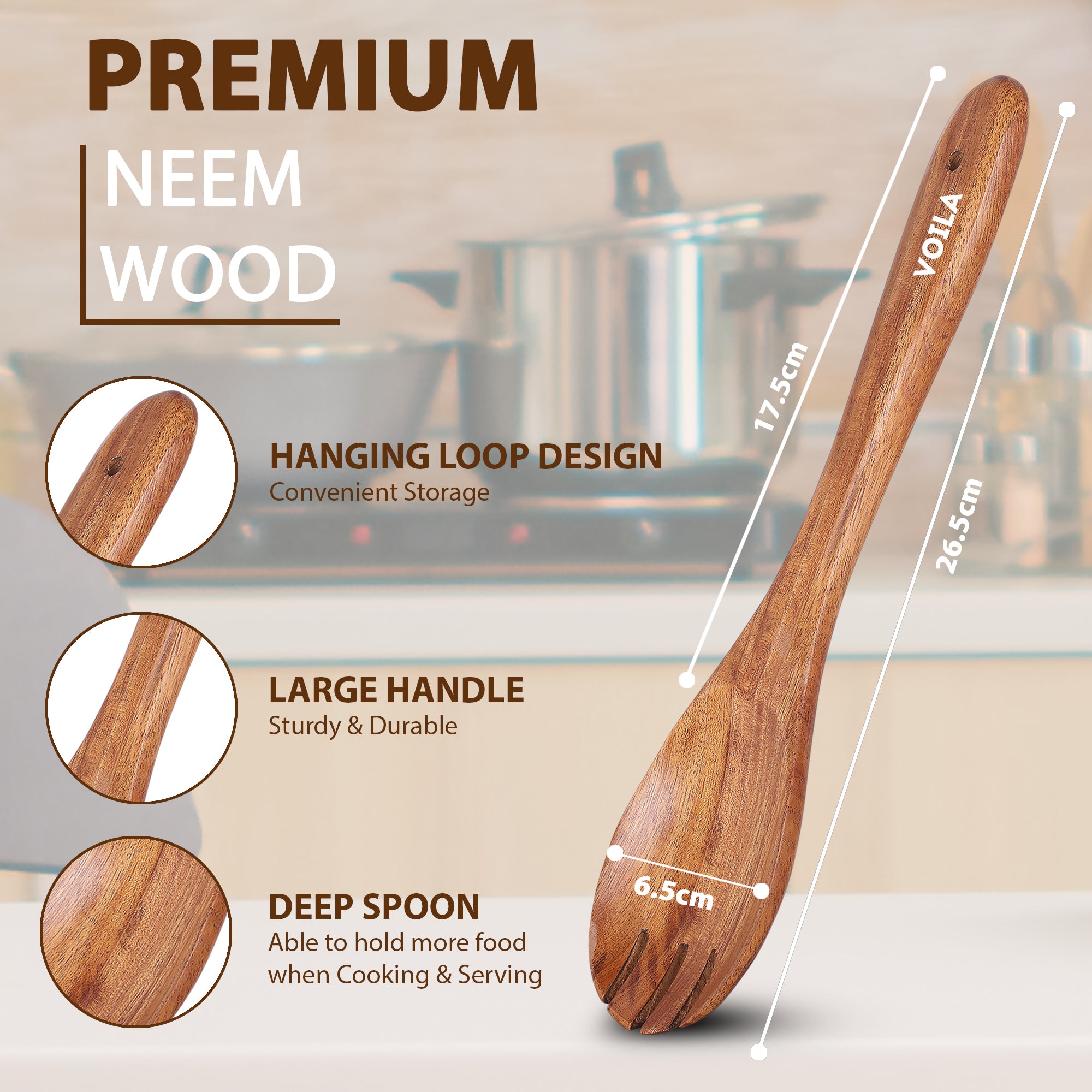 Neem Wood Salad Fork – Premium Large Size, Kitchen Tool – Perfect for Traditional Indian Dishes