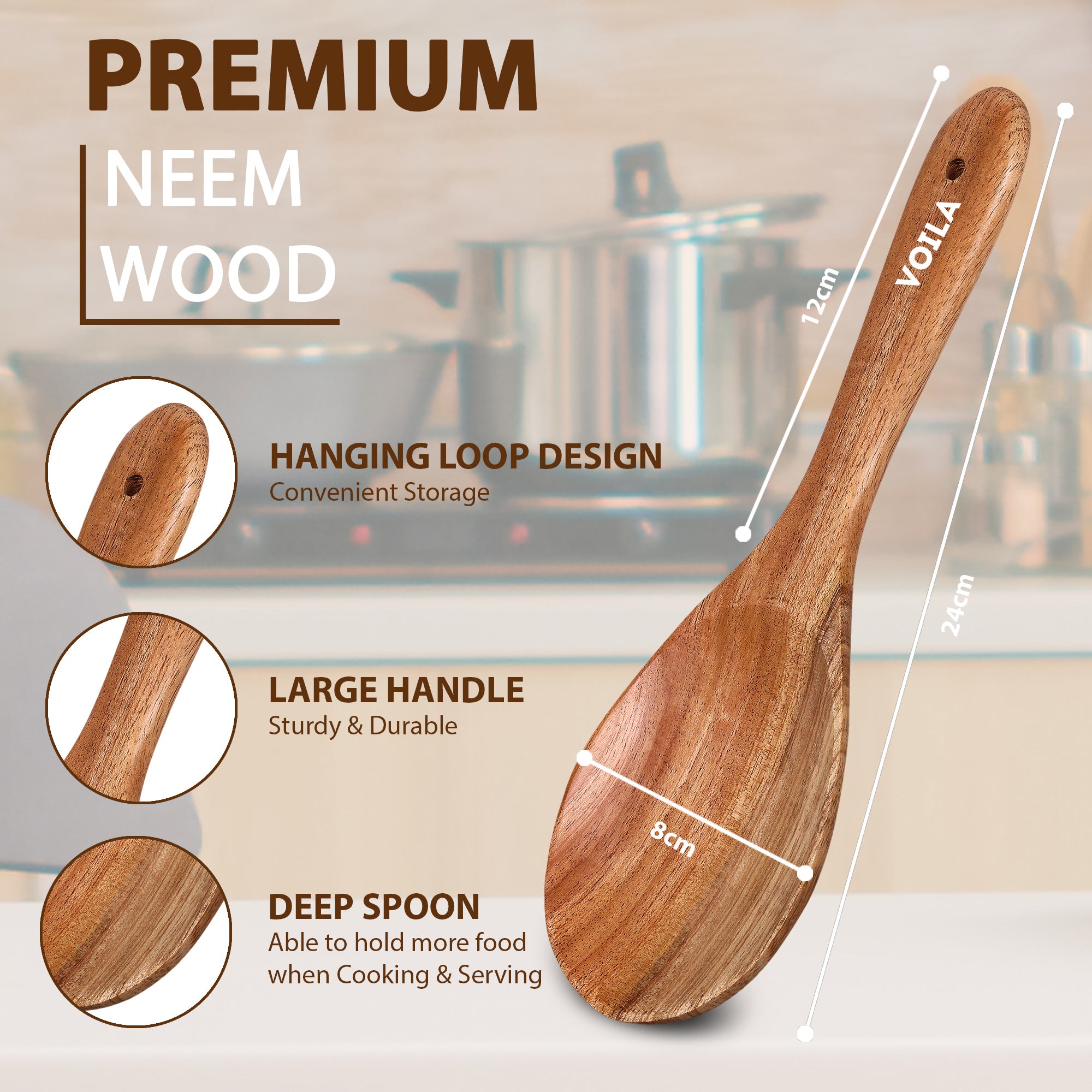 Premium Neem Wooden Serving Spoon ,Large Cooking & Mixing Spoon for Kitchen | Durable & Eco-Friendly ,Heat-Resistant, Non-Scratch Utensil