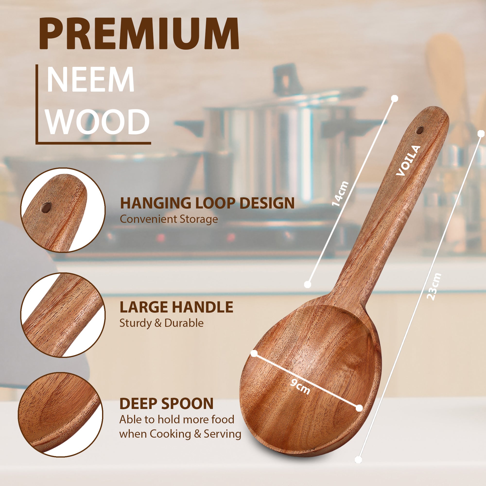 Neem Wooden Serving Spoon for Cooking & Serving –  Ladle for Soup, Stirring, and Mixing –  Kitchen Utensil