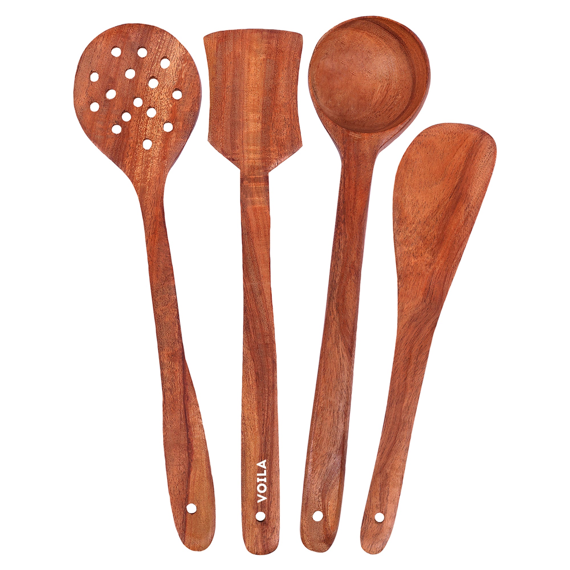 4-Piece Neem Wood Cooking Utensil Set – Non-Stick, Kitchen Tools (Slotted Turner, Flat Spatula, Ladle, Stirring Spoon