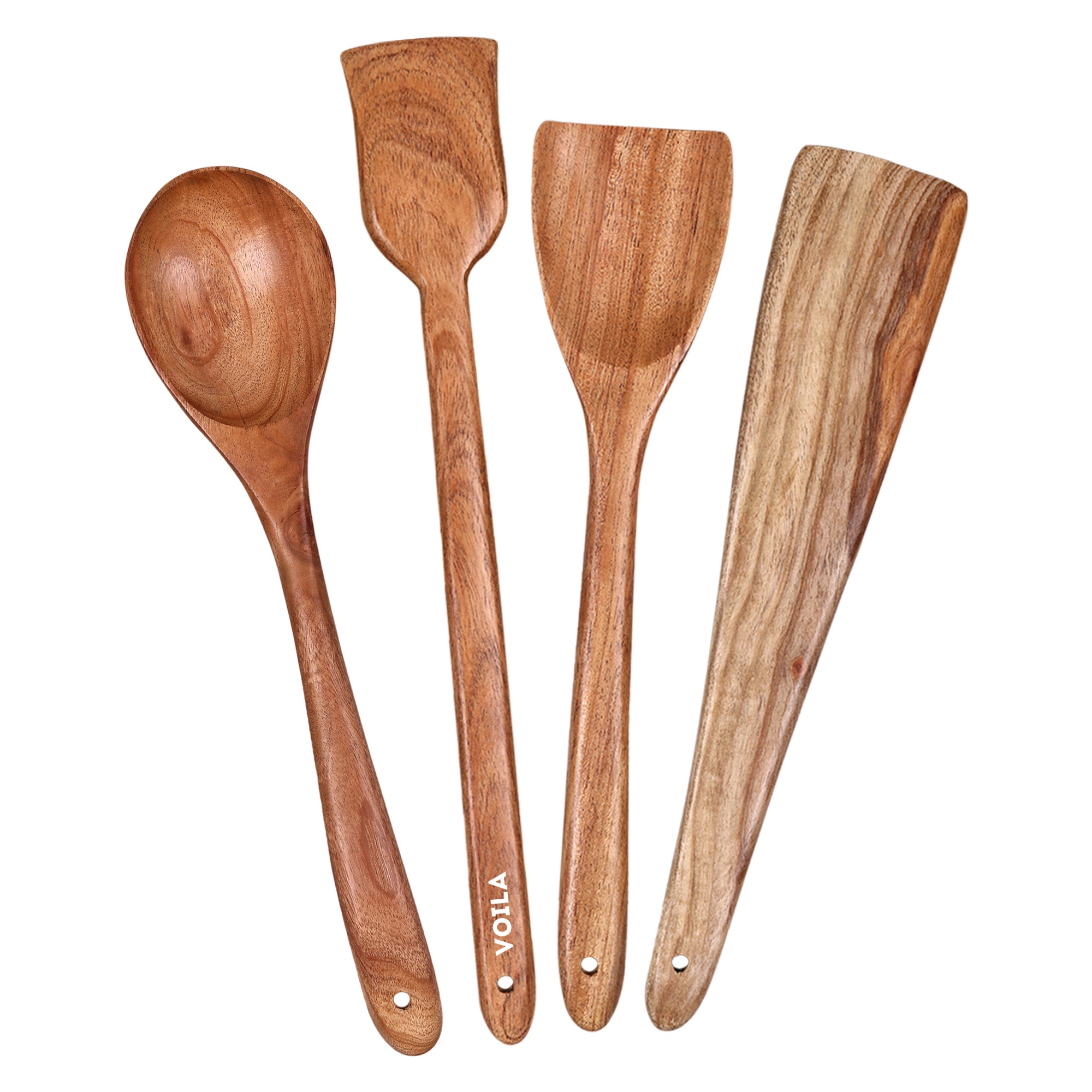 4-Piece Neem Wood Cooking Utensil Set – Non-Stick, Kitchen Tools(Fish Spatula,Scraping Spatula,Turner,Wooden Spoon Spatula)