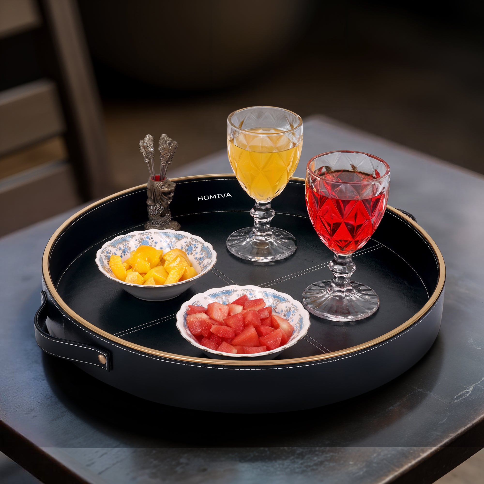 HOMIVA Round Large Faux Leatherette Serving Tray with Gold Trim Handles – Dark Green