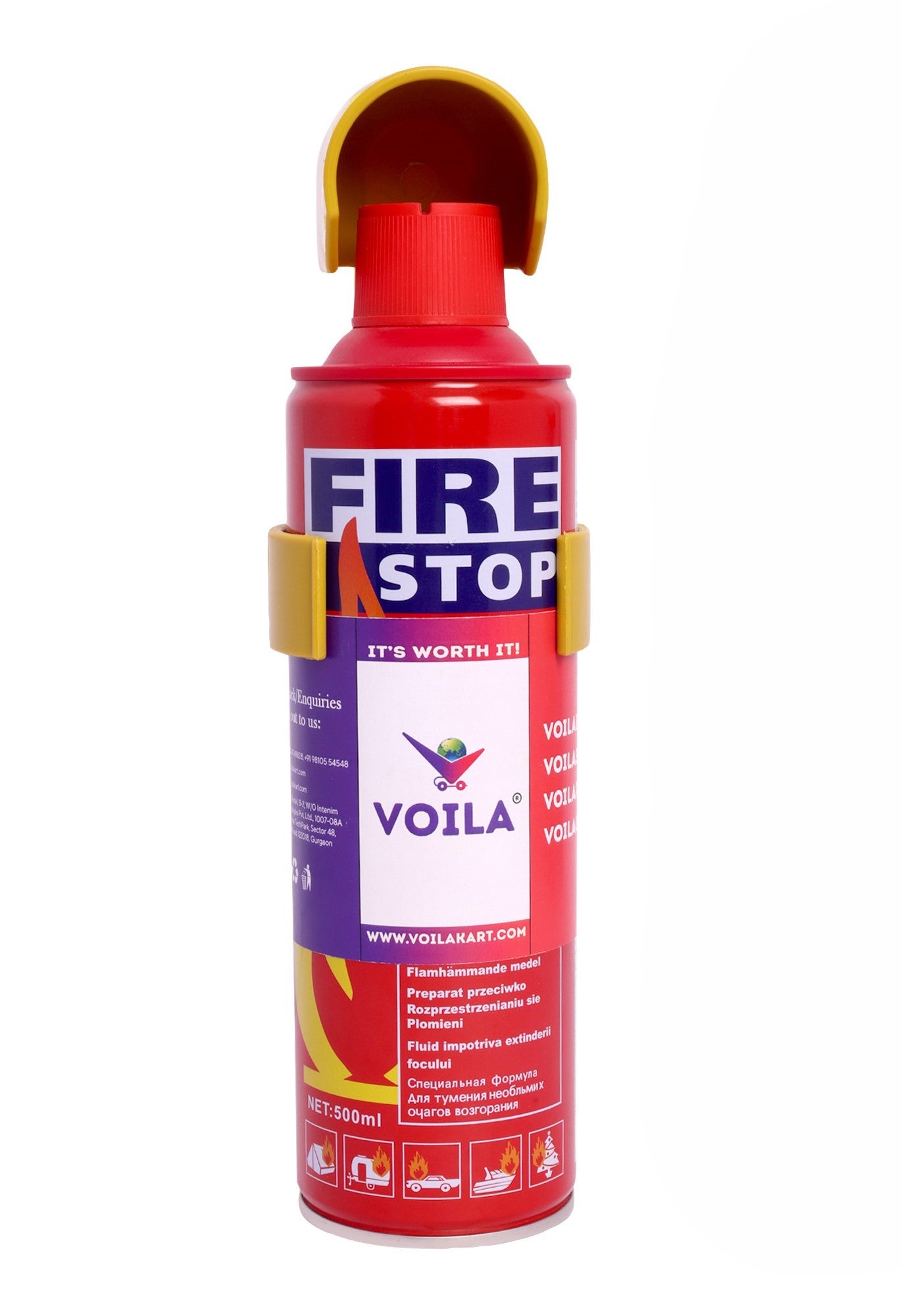 VOILA Fire Stop, Portable & Easy to Use Premium Aluminium 500 ml Fire Extinguisher Spray with Stand for Car, Taxi, Cab, Auto, Bus, Home and Kitchen etc
