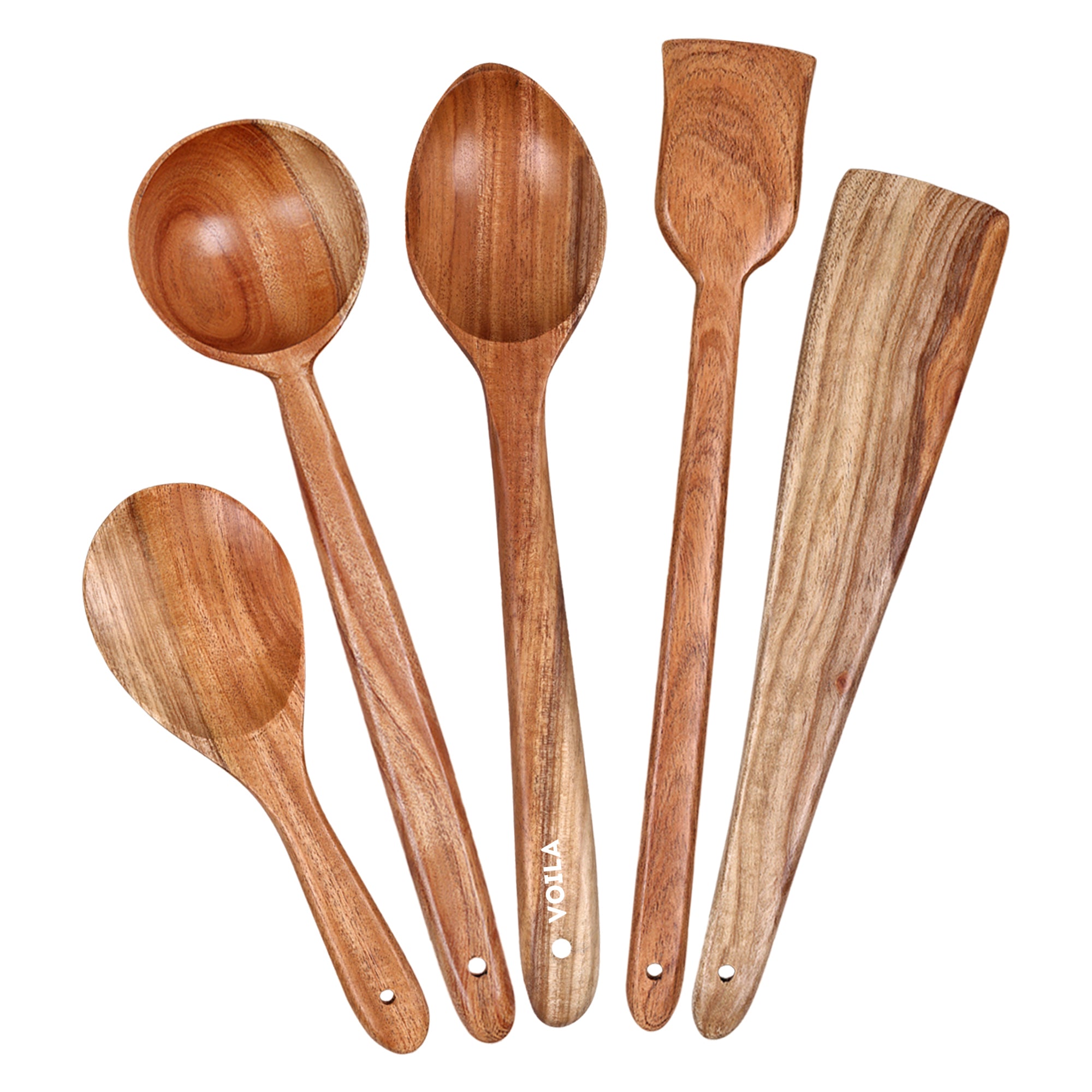 5 Piece Neem Wood Spatula Set –  Non-Stick Safe Cooking Utensils – (Fish Spatula, Turner, Wooden Spoon Spatula, Serving Spatula & Soup Spatula)