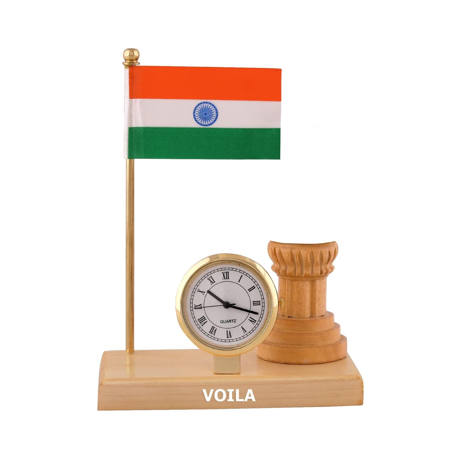 Indian Flag for Home Office and Vehicle (Auto,Car,Bus,Truck) Dashboad Wooden Carved Design with Single Stand Flag Clock