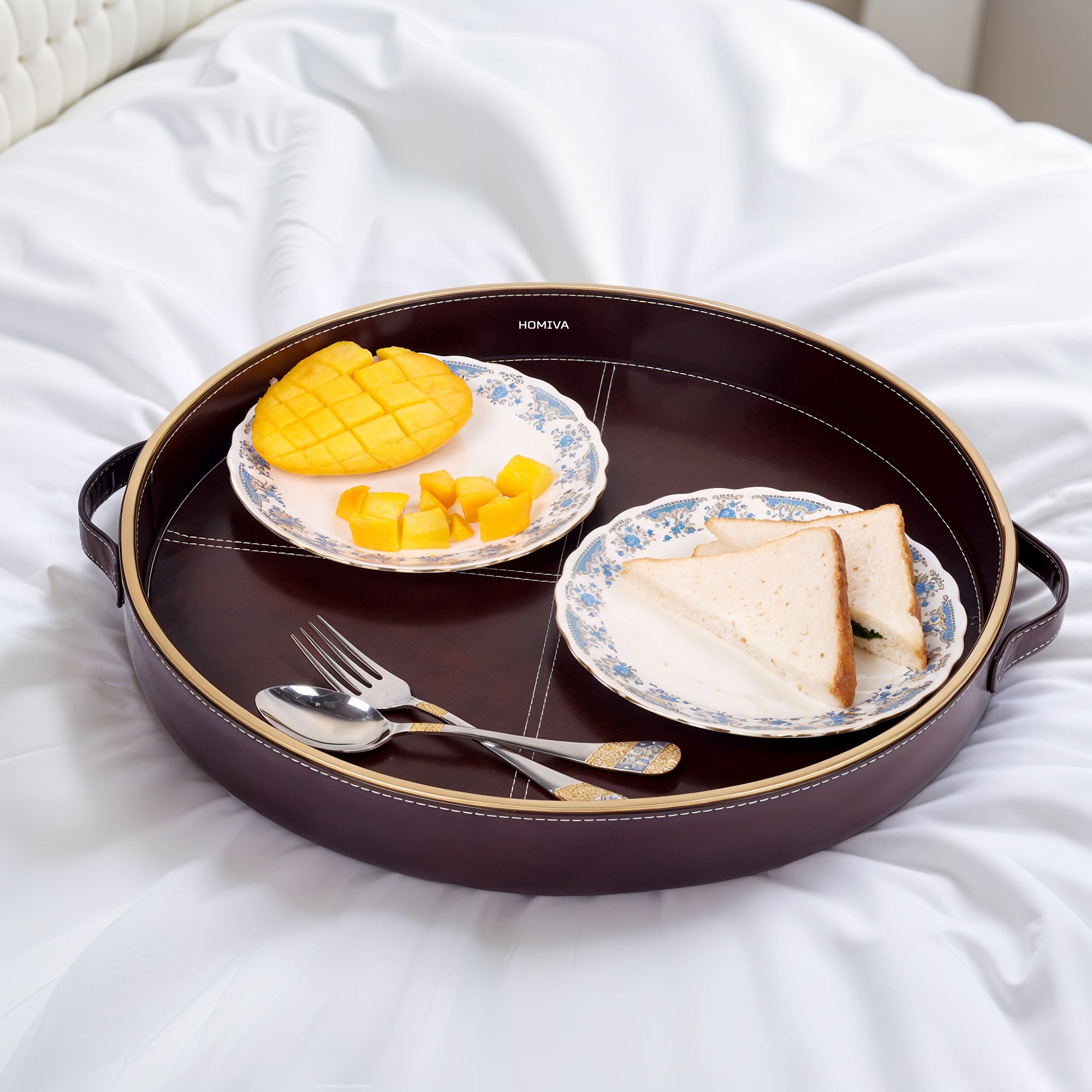 HOMIVA Set of 2 Round Leatherette Serving Trays with Gold Rim – Dark Brown