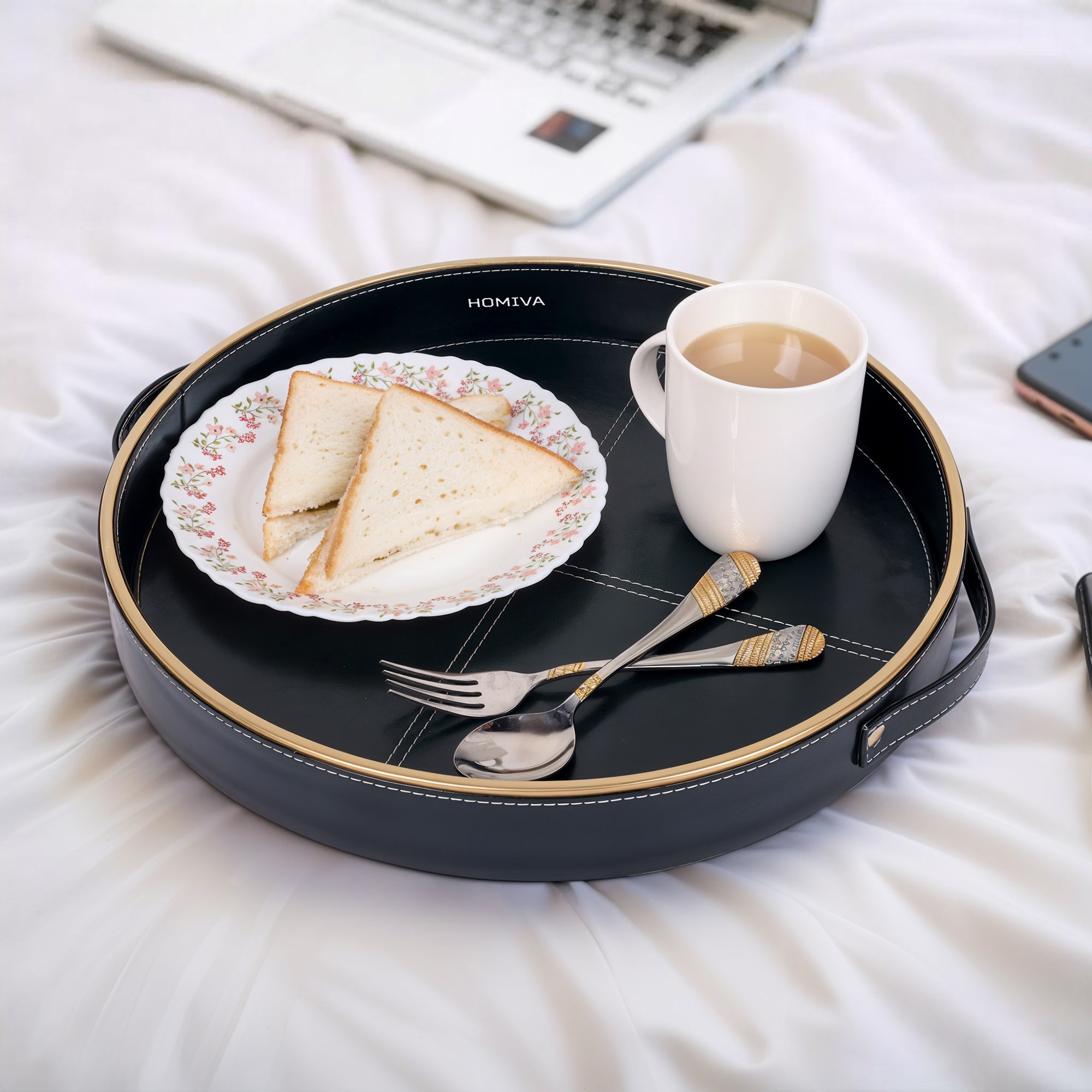 HOMIVA Round Faux Leatherette Serving Tray with Gold Trim Handles – Dark Green (Small)