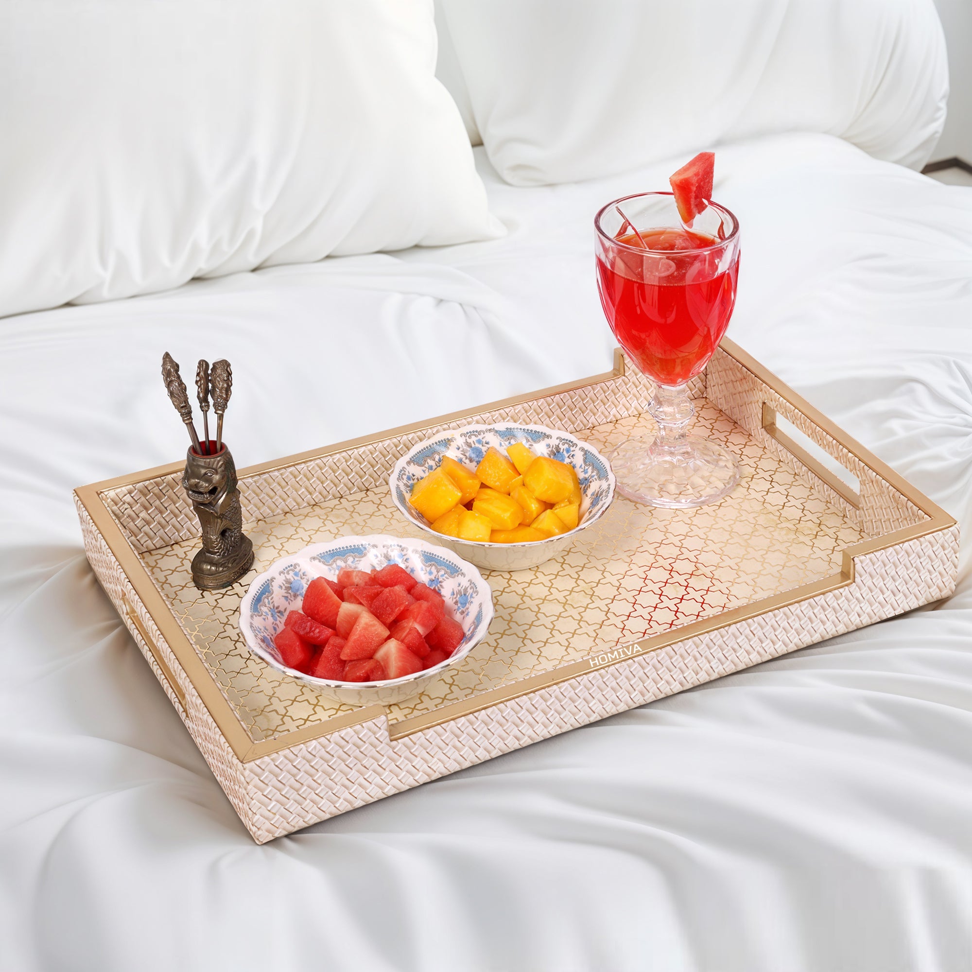 HOMIVA Luxury Leatherette Serving Tray with Gold Accents (Large) – Blush Beige