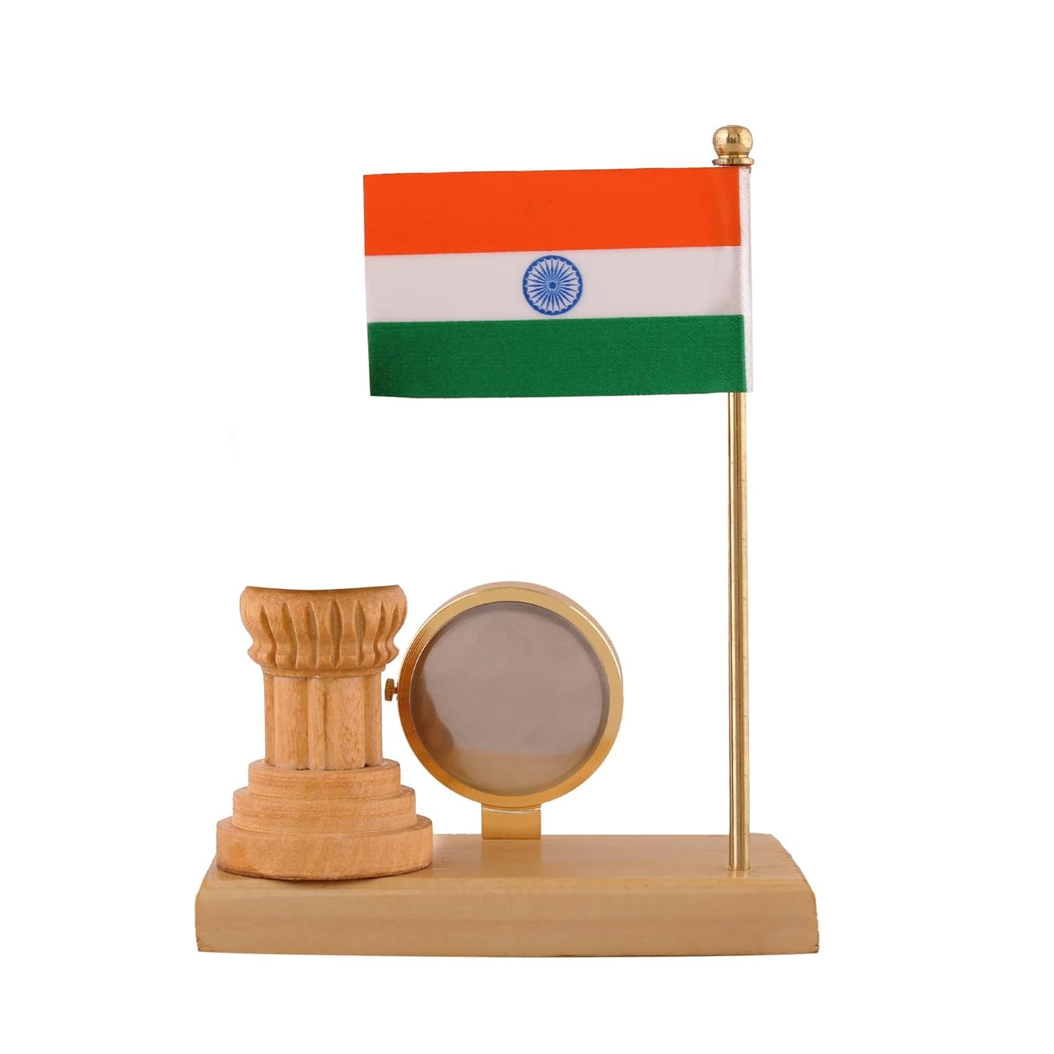 Indian Flag for Home Office and Vehicle (Auto,Car,Bus,Truck) Dashboad Wooden Carved Design with Single Stand Flag Clock