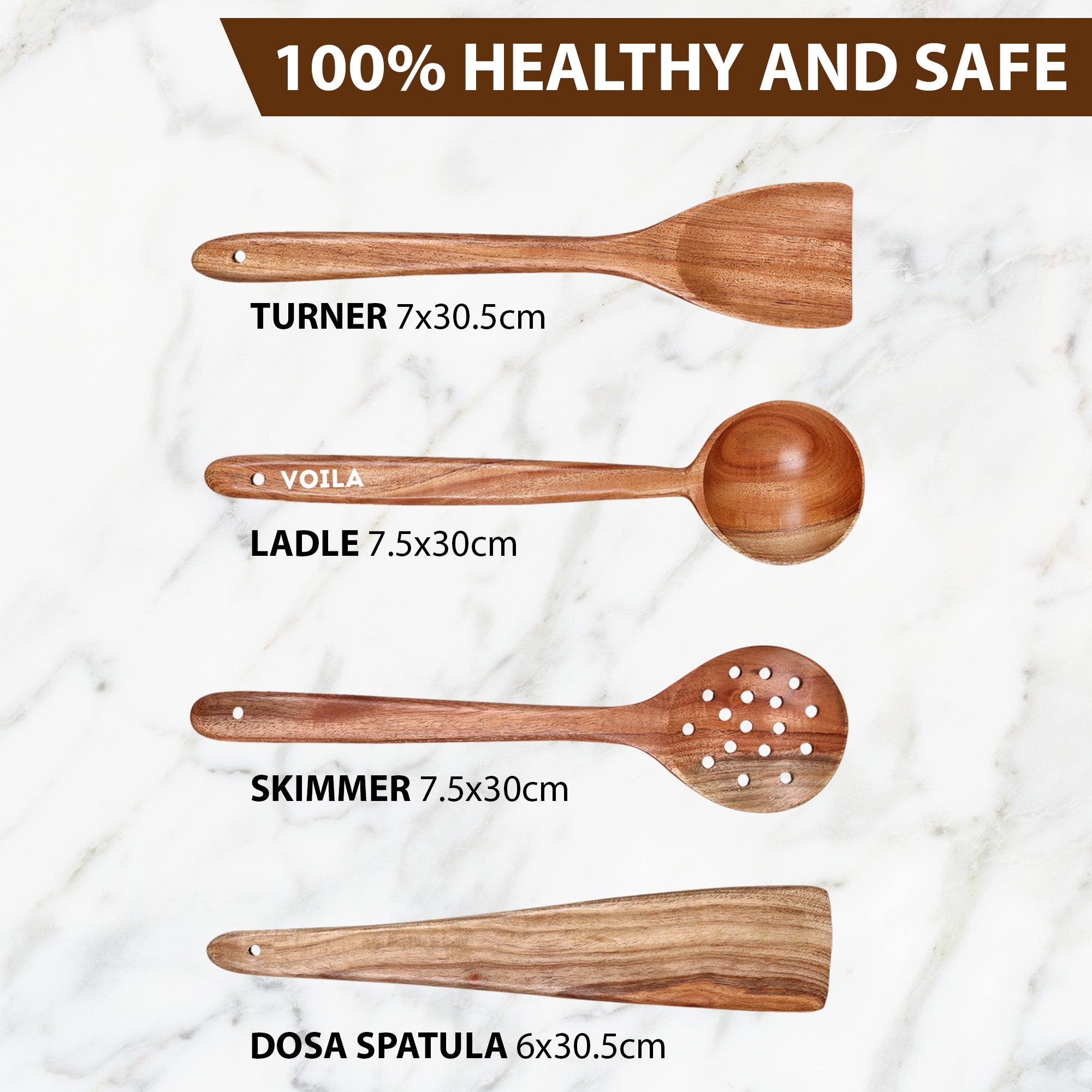 4-Piece Neem Wood Cooking Utensil Set – Non-Stick, Kitchen Tools (Fish Spatula,Scraping Spatula ,Slotted spatula,Spoon spatula)