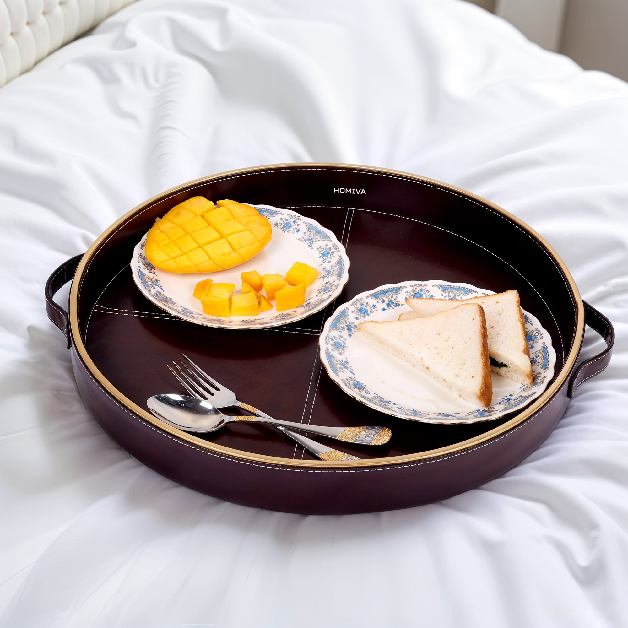 HOMIVA Round Leatherette Serving Tray with Handles & Gold Rim (Small) – Brown