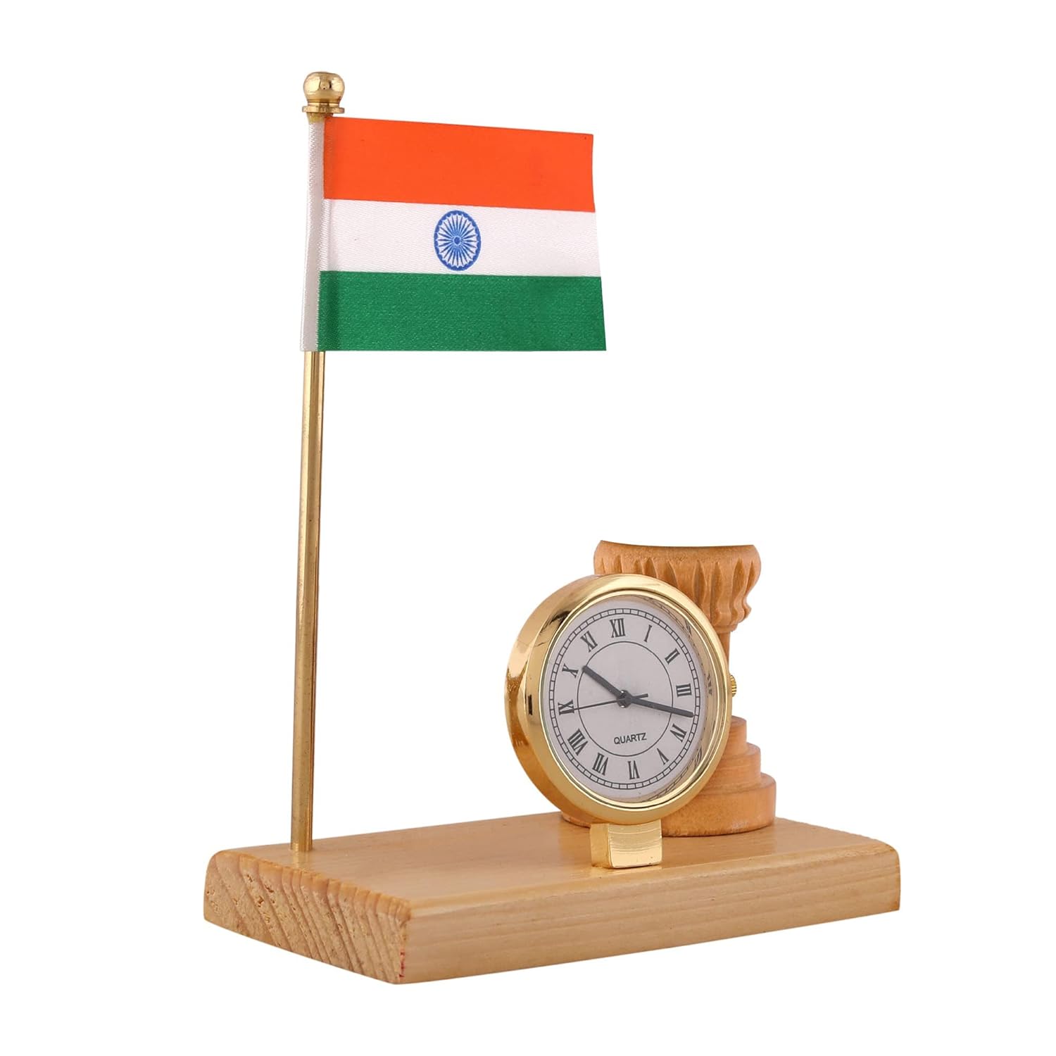 Indian Flag for Home Office and Vehicle (Auto,Car,Bus,Truck) Dashboad Wooden Carved Design with Single Stand Flag Clock