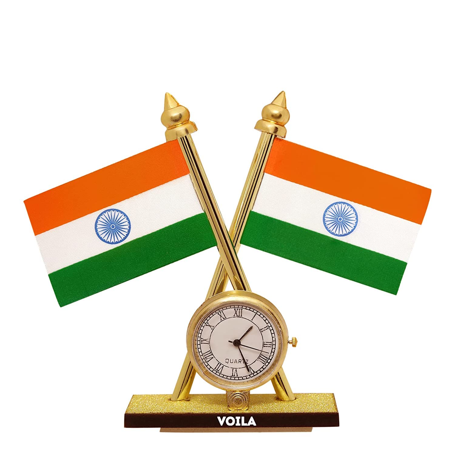 Indian Flag forVehicle (Auto,Car,Bus,Truck) Dashboard, Home and Office Decor Flag in Cross Design with Watch Stand