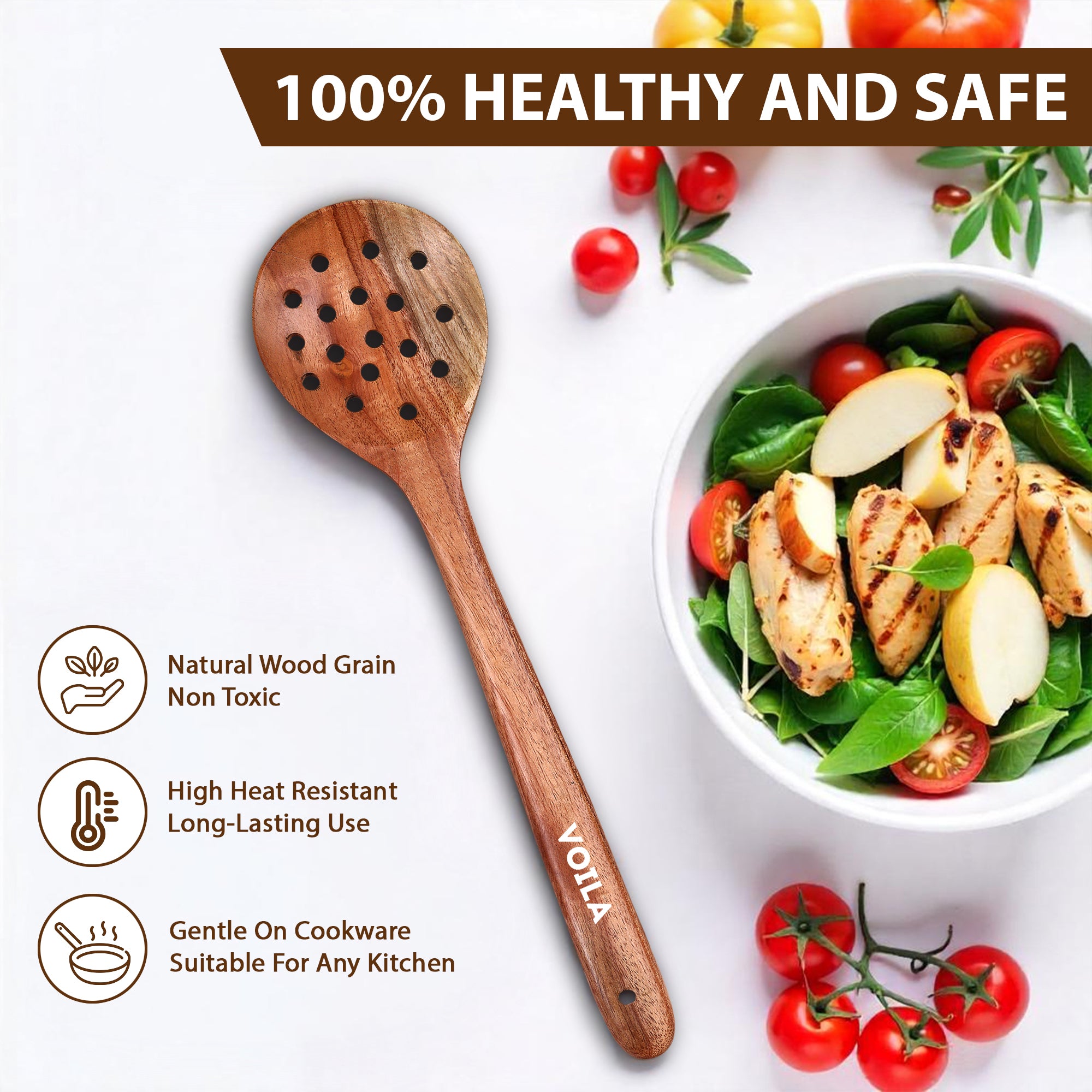 Neem Wooden Slotted Spoon for Cooking Kitchen Ladle ,Heat Resistant & Non-Stick , Non-Toxic, Healthy Cooking