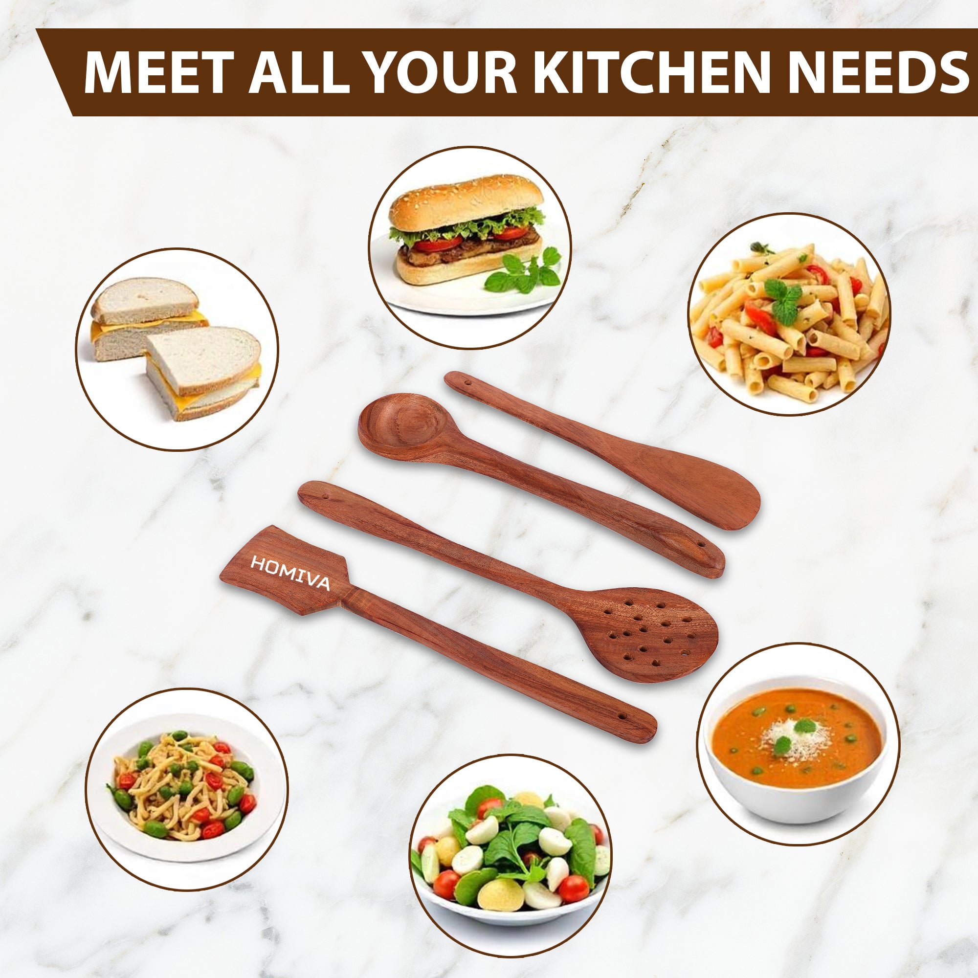 HOMIVA Neem Wood Cooking Utensil 4-Pcs Set, Non-Stick, Kitchen Tools (Slotted Turner, Flat Spatula, Ladle, Stirring Spoon)