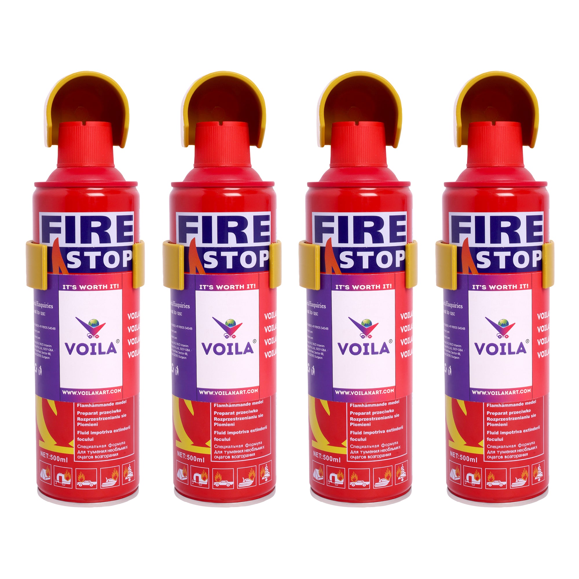 VOILA Fire Stop, Portable & Easy to use Aluminum 500 ml Fire Extinguisher Spray with Stand for Car, Auto, Cab, Taxi, Truck, Bus, Home and Kitchen (Pack of 4)