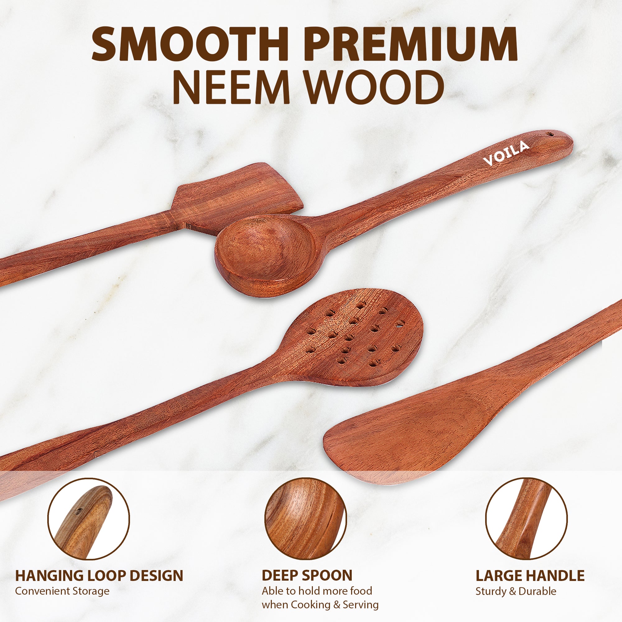 4-Piece Neem Wood Cooking Utensil Set – Non-Stick, Kitchen Tools (Slotted Turner, Flat Spatula, Ladle, Stirring Spoon