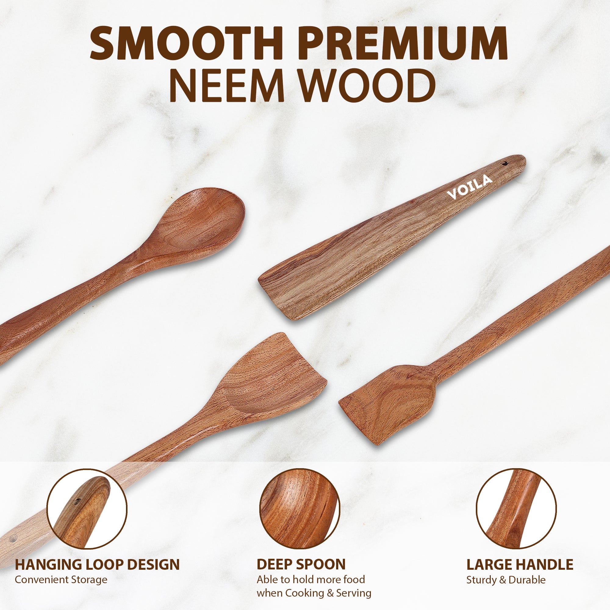 4-Piece Neem Wood Cooking Utensil Set – Non-Stick, Kitchen Tools(Fish Spatula,Scraping Spatula,Turner,Wooden Spoon Spatula)