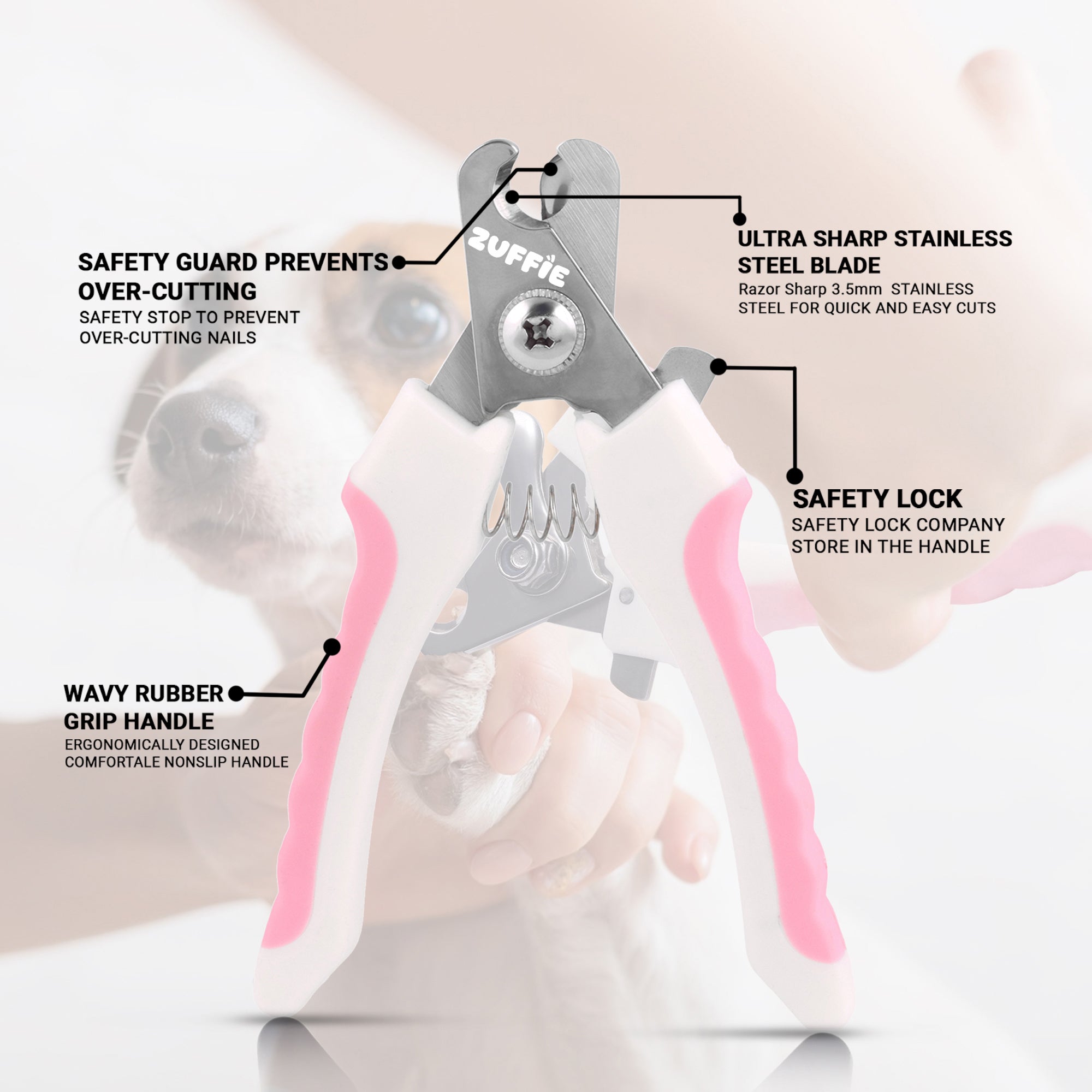 ZUFFIE Pet Nail Clipper & File for Dogs & Cats – Safe, Easy Grooming Tool Set - Pink and White