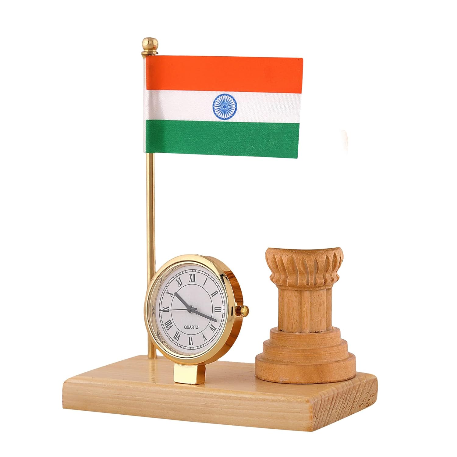 Indian Flag for Home Office and Vehicle (Auto,Car,Bus,Truck) Dashboad Wooden Carved Design with Single Stand Flag Clock