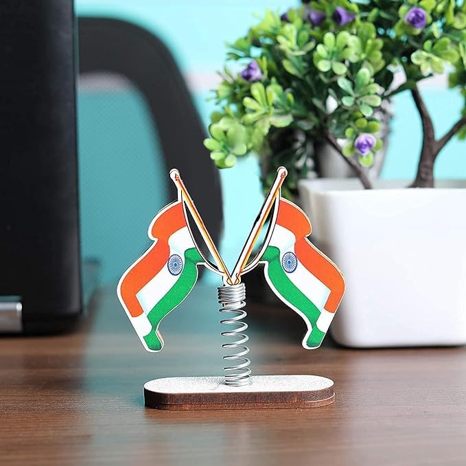 Wooden Spring Base Indian Flag for Car Dashboard Interior Desk Decoration and Office Table (Pack of 2)